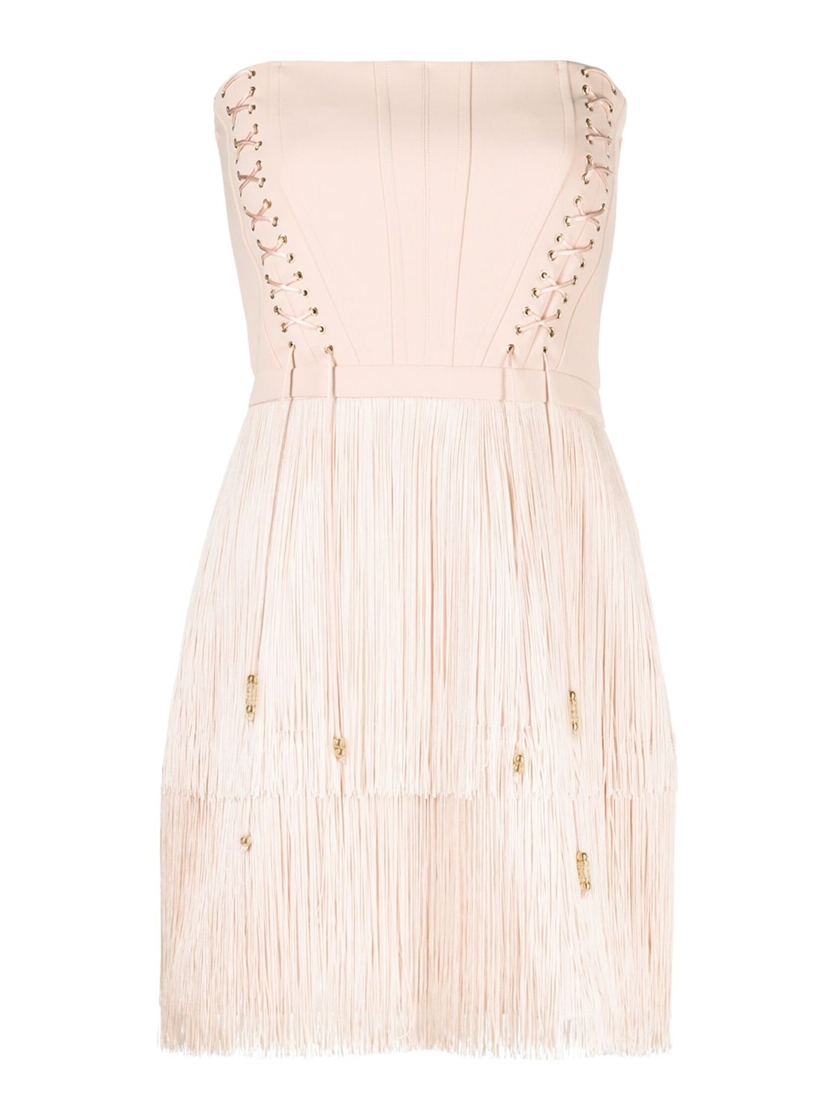 【ELISABETTA FRANCHI】ベージュ リボンディティール ドレス Tulle Red Carpet dress with fringes and beads - ELEGANZA