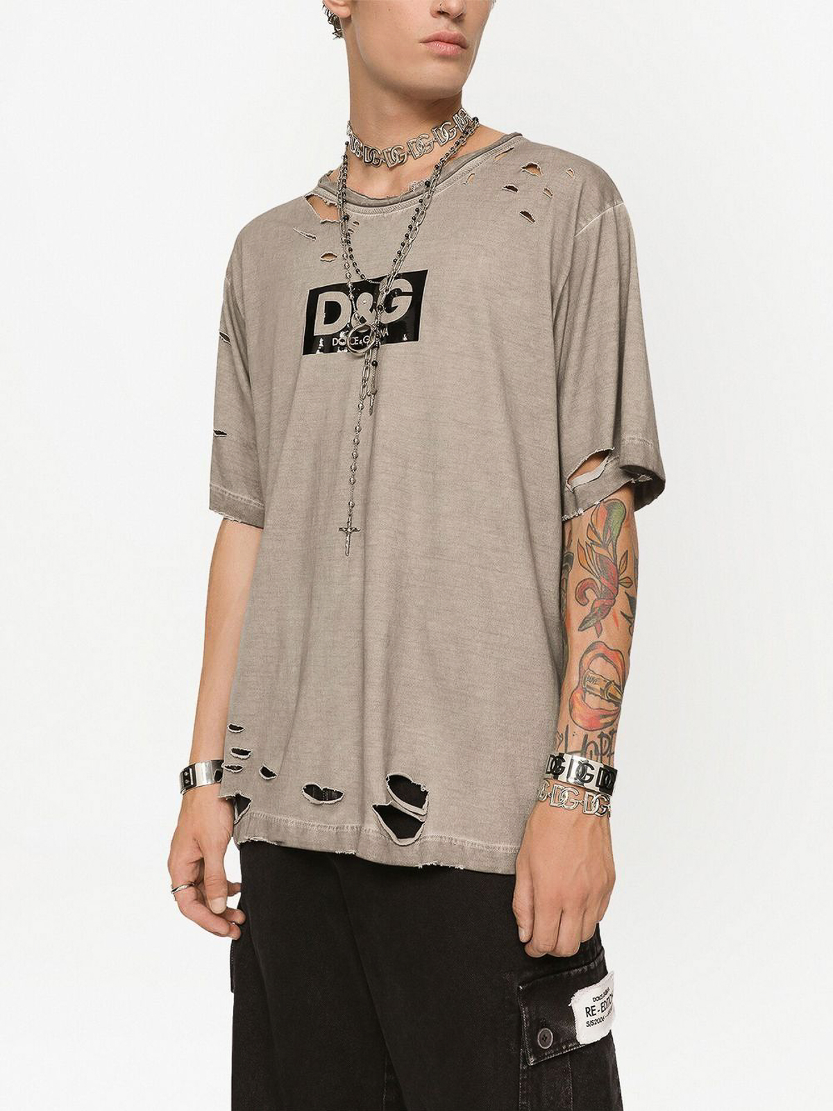 Shop Dolce & Gabbana Ripped-detail Logo-print T-shirt In Light Grey