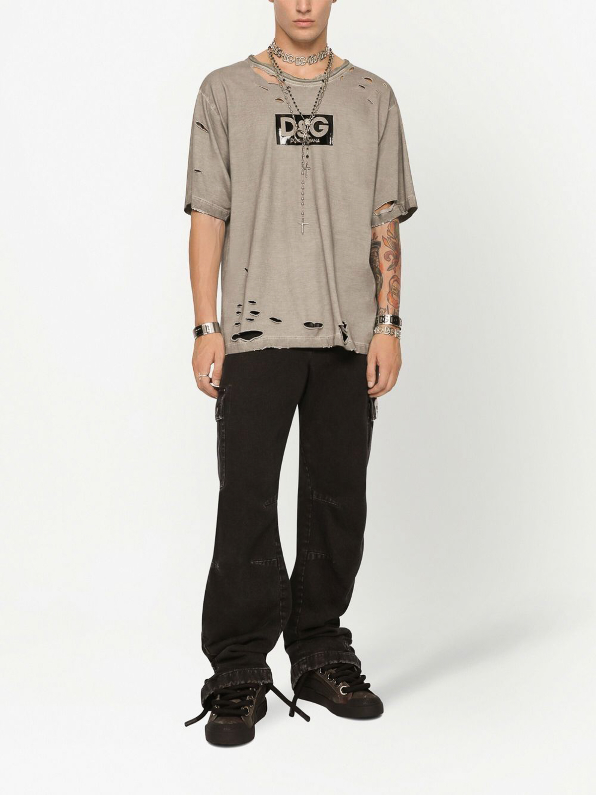 Shop Dolce & Gabbana Ripped-detail Logo-print T-shirt In Light Grey