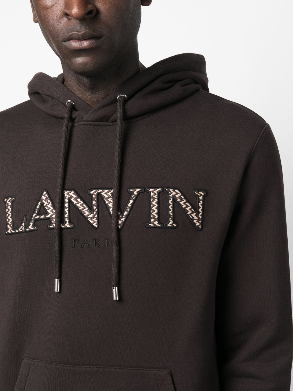 Shop Lanvin Embroidered-logo Cotton Hoodie In Dark Brown