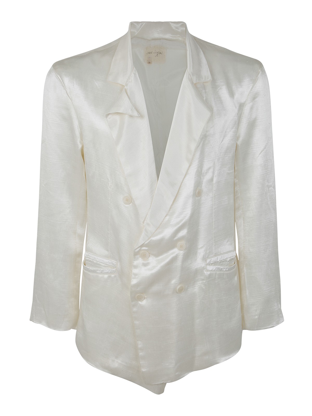 Shop Greg Lauren Ivory Satin Double Breasted Blazer In White