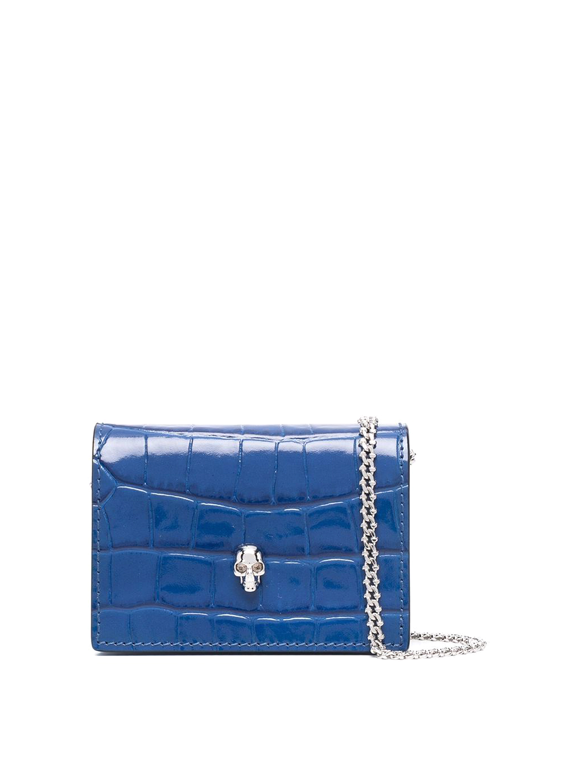 Shop Alexander Mcqueen Skull Leather Card Holder On Chain In Azul