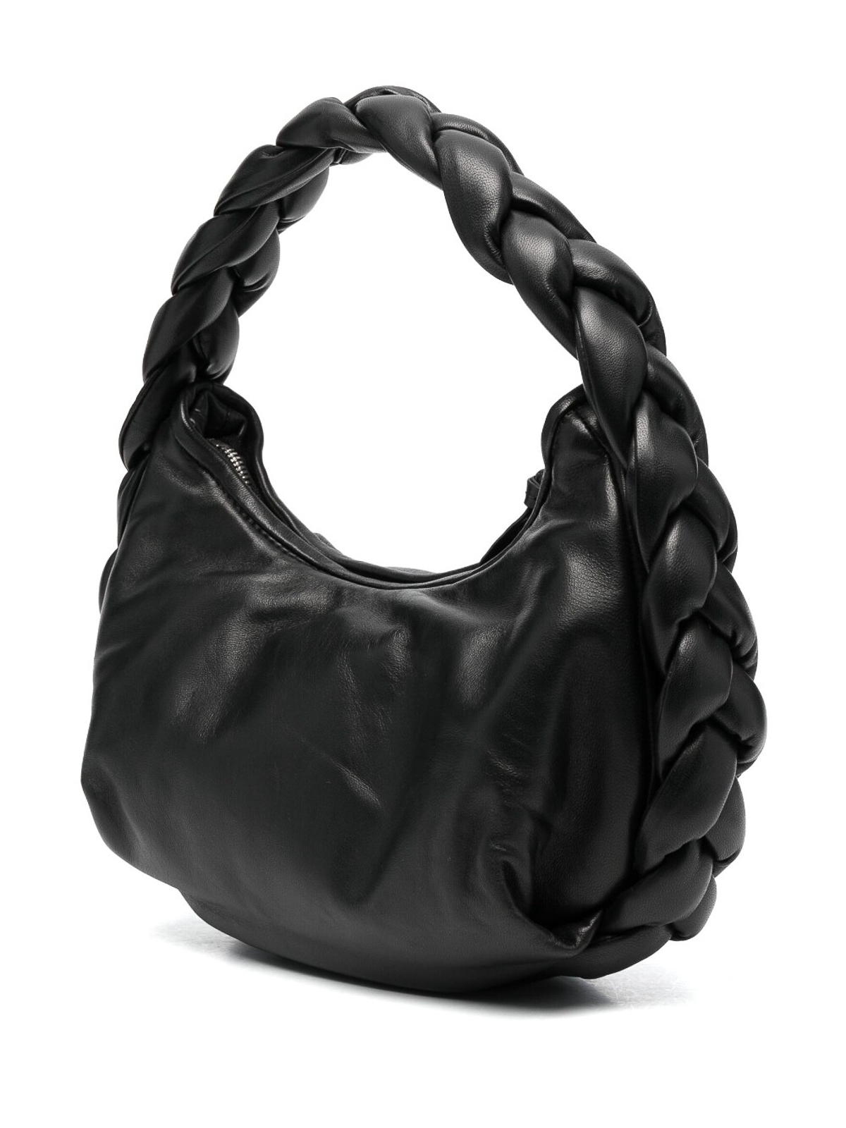 Black Leather Braided Handle Tote Bag with Pouch