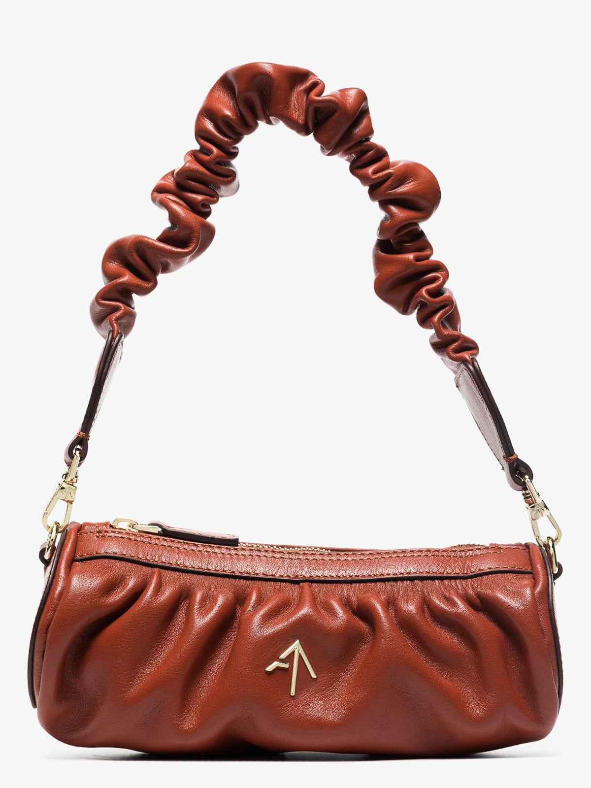 Shop Manu Atelier Ruched Mini Cylinder Leather Bag In Marrón