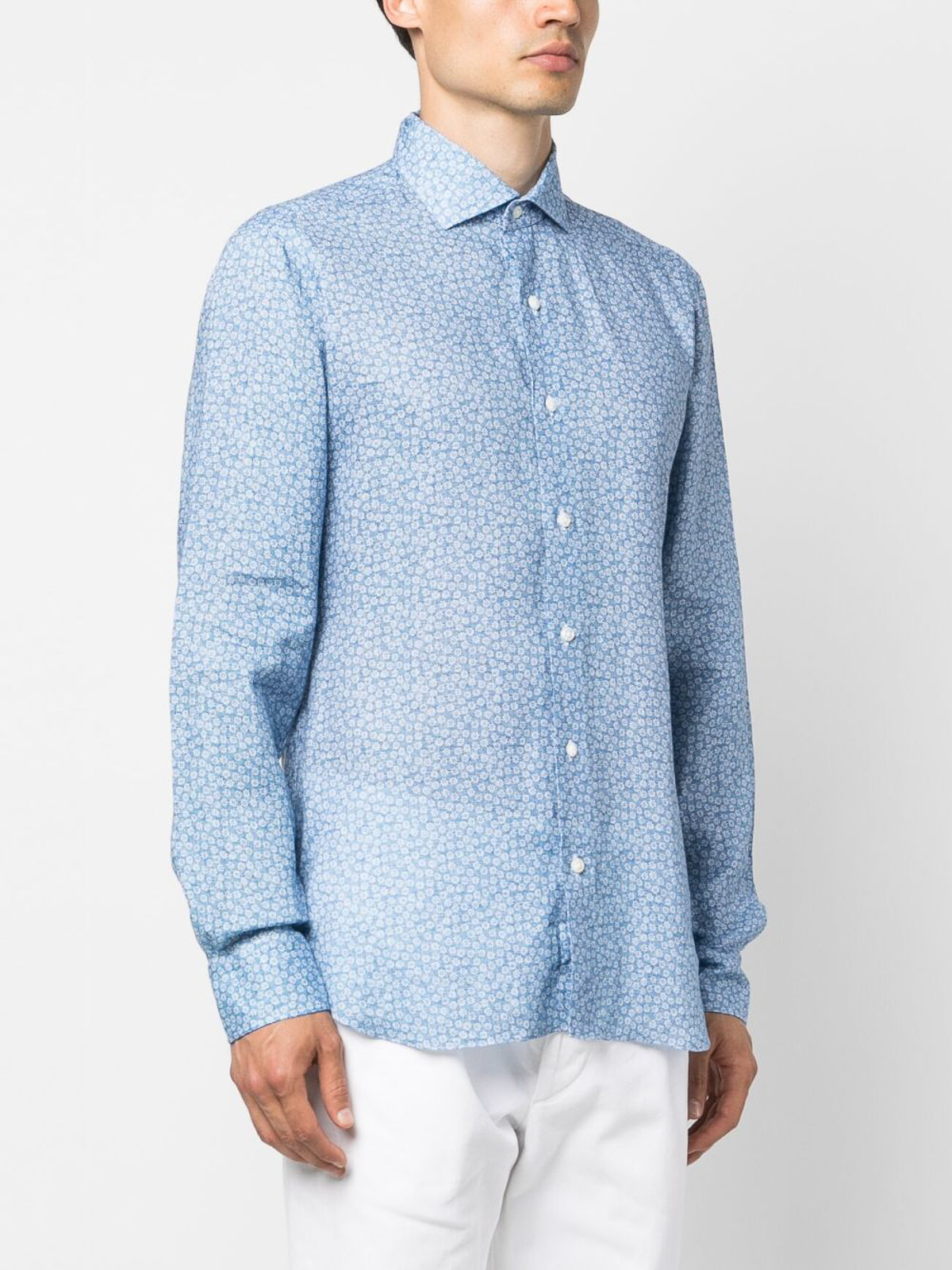 Shop Barba Floral-print Linen Shirt In Blue