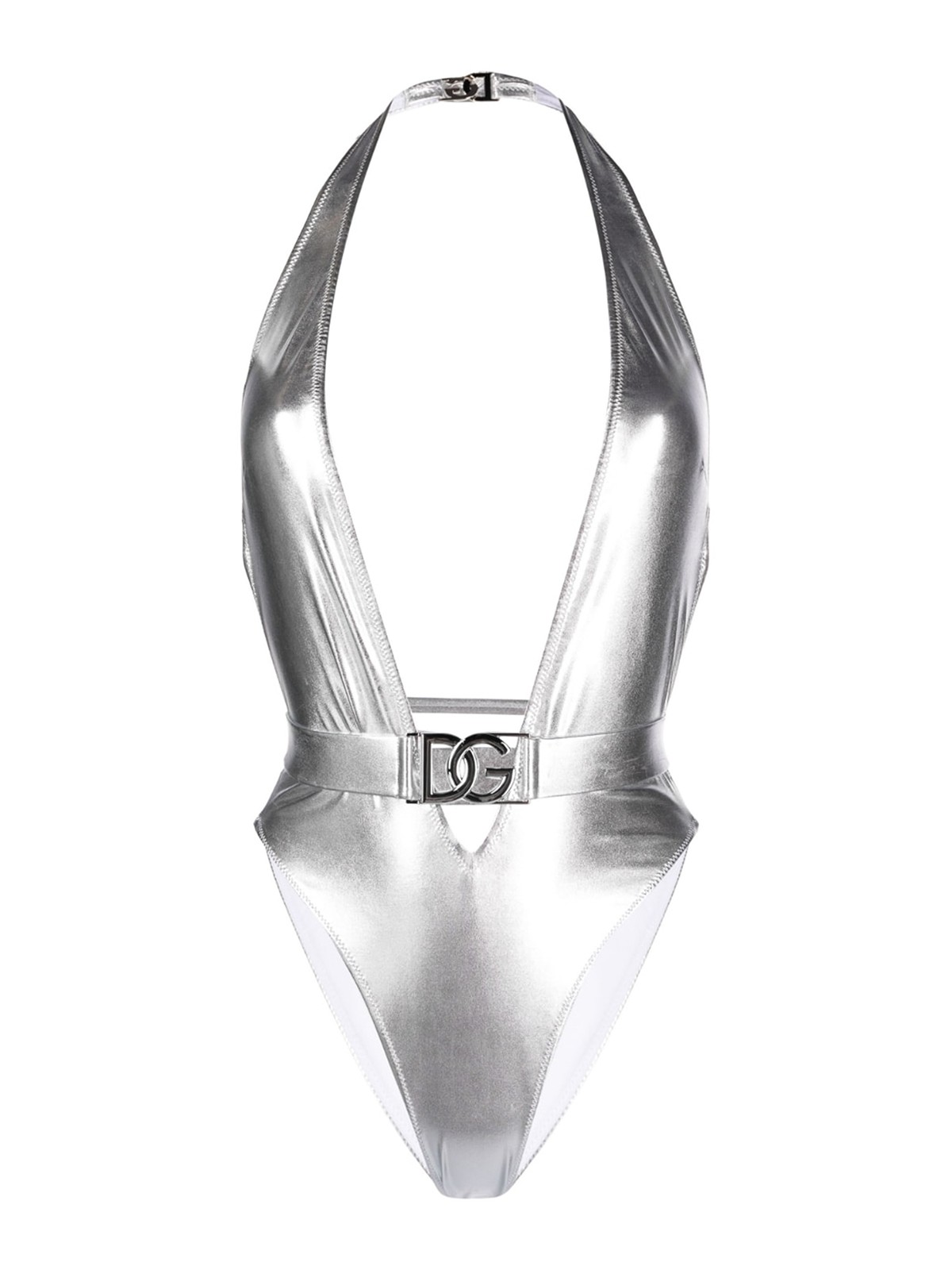 Shop Dolce & Gabbana Logo-plaque Stretch Swimsuit In Plata