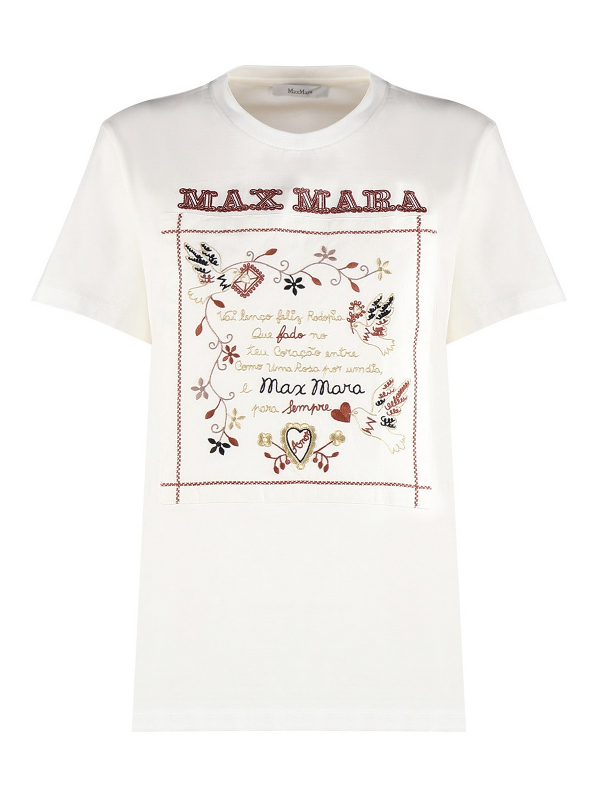 Max Mara White Short-sleeved T-shirt With Brown Logo Embroidery In Multi-colored