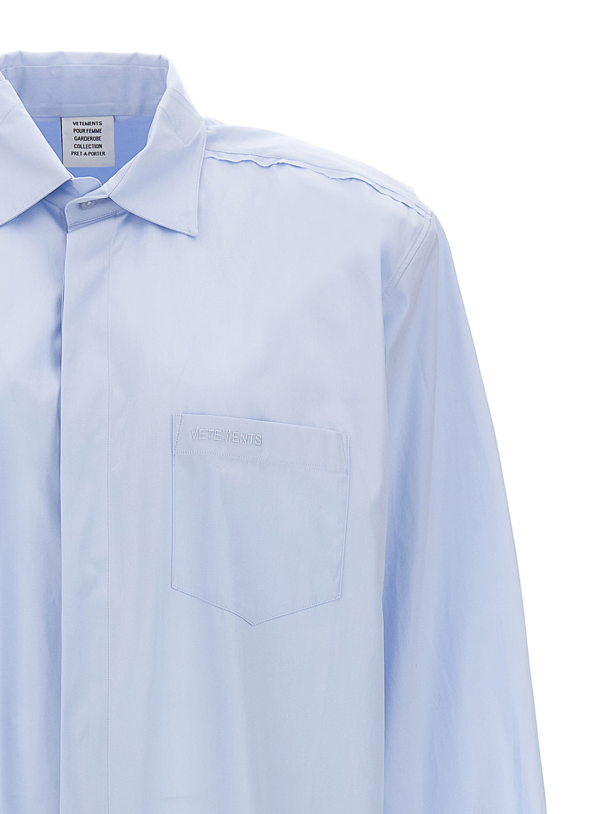 Shop Vetements Logo Embroidery Long Shirt Dress In Light Blue