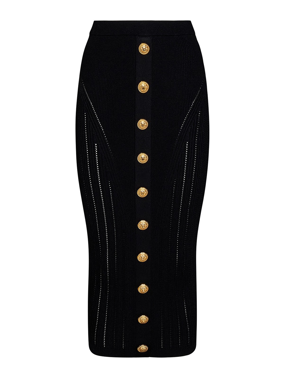Balmain High Waist Five Button See Through Knit Midi Skirt In Negro