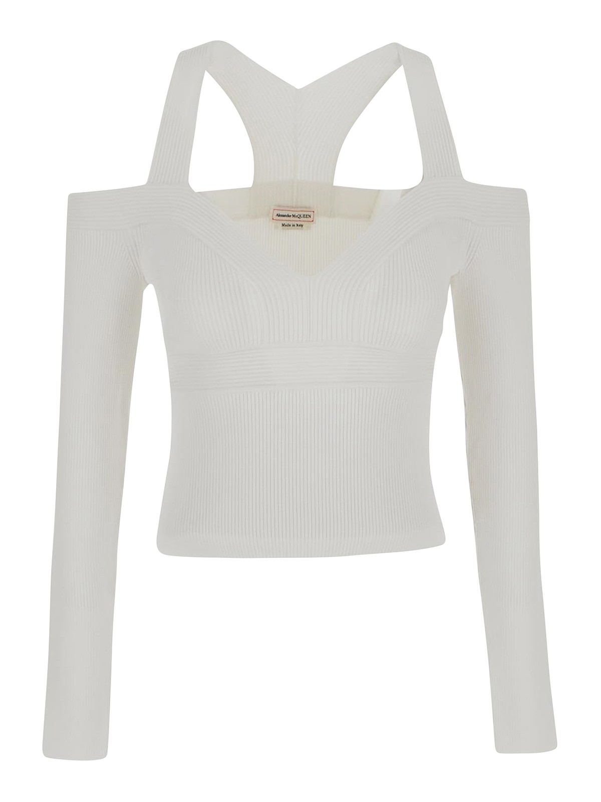 Alexander Mcqueen Exposed Shoulder Cropped Knitted Top In Blanco