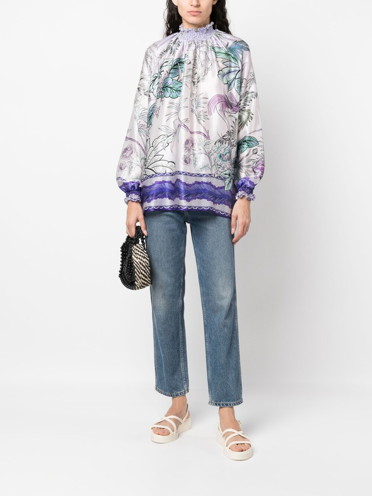 Shop F.r.s For Restless Sleepers High Neck Printed Silk Blouse In Metallic