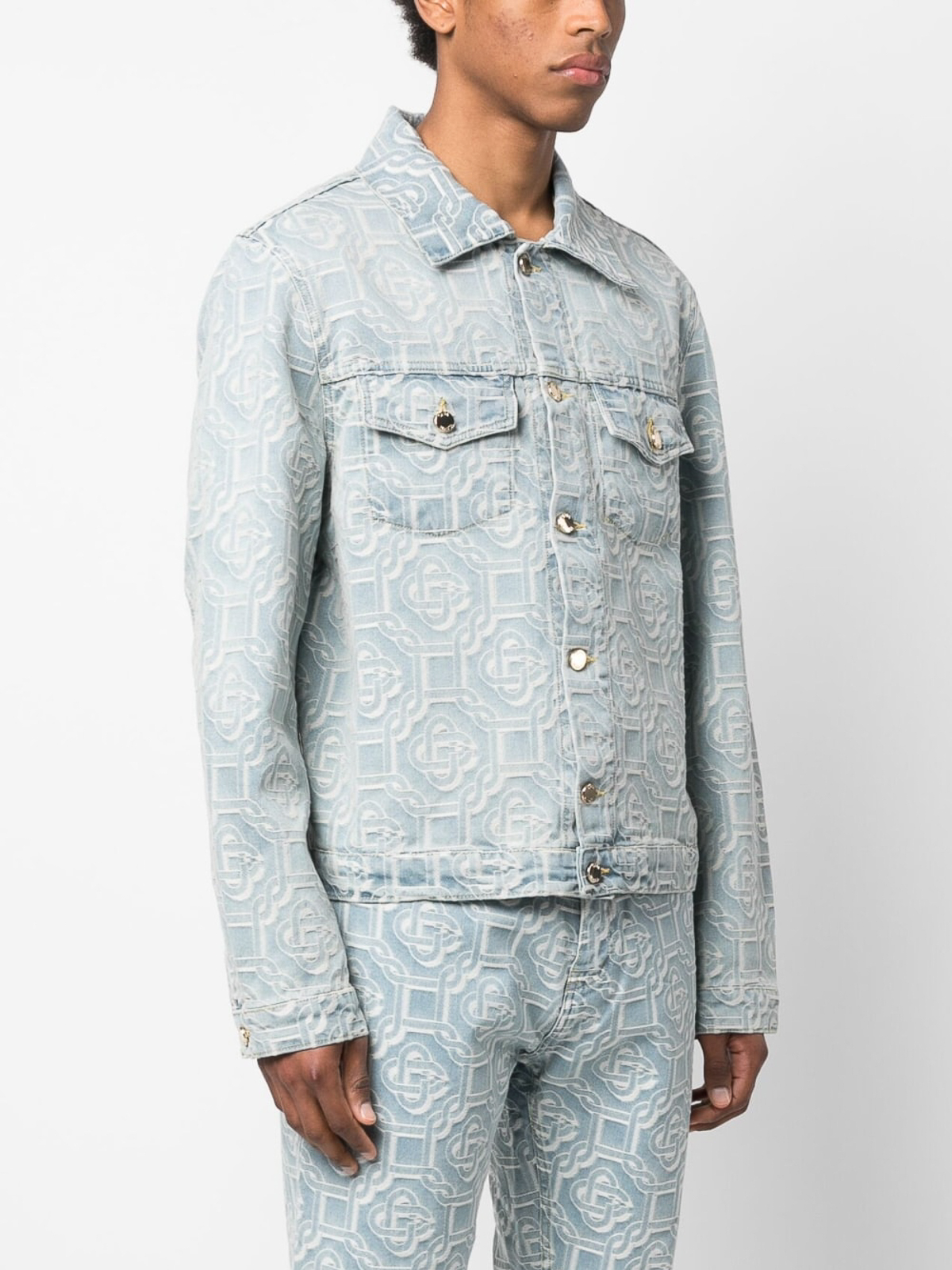 Balmain Monogram Jacquard Cotton Denim Shirt In Blue