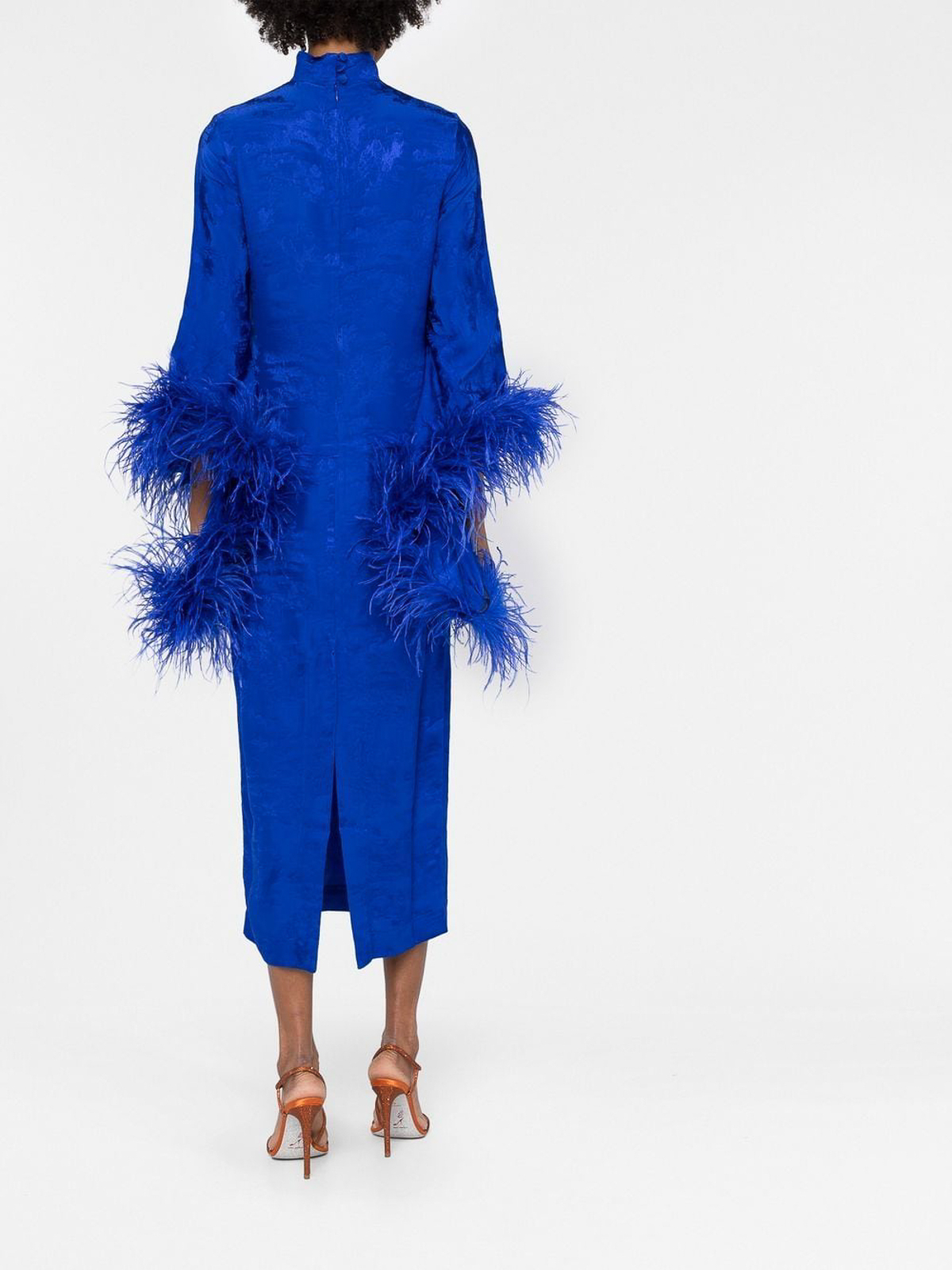 Taller Marmo Toile del rio feather trimmed long dress|TMPS2322PROYALBLUE