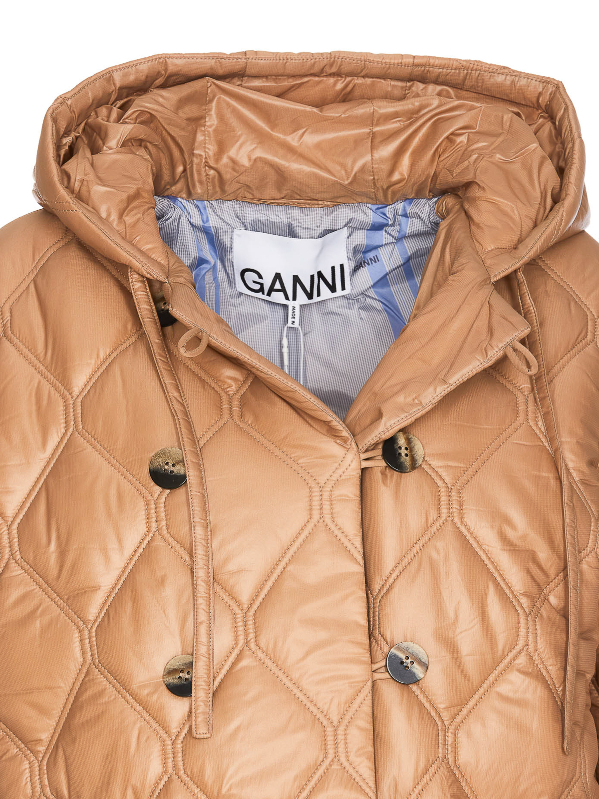 Shop Ganni Shiny Quilt Hooded Jacket In Beige