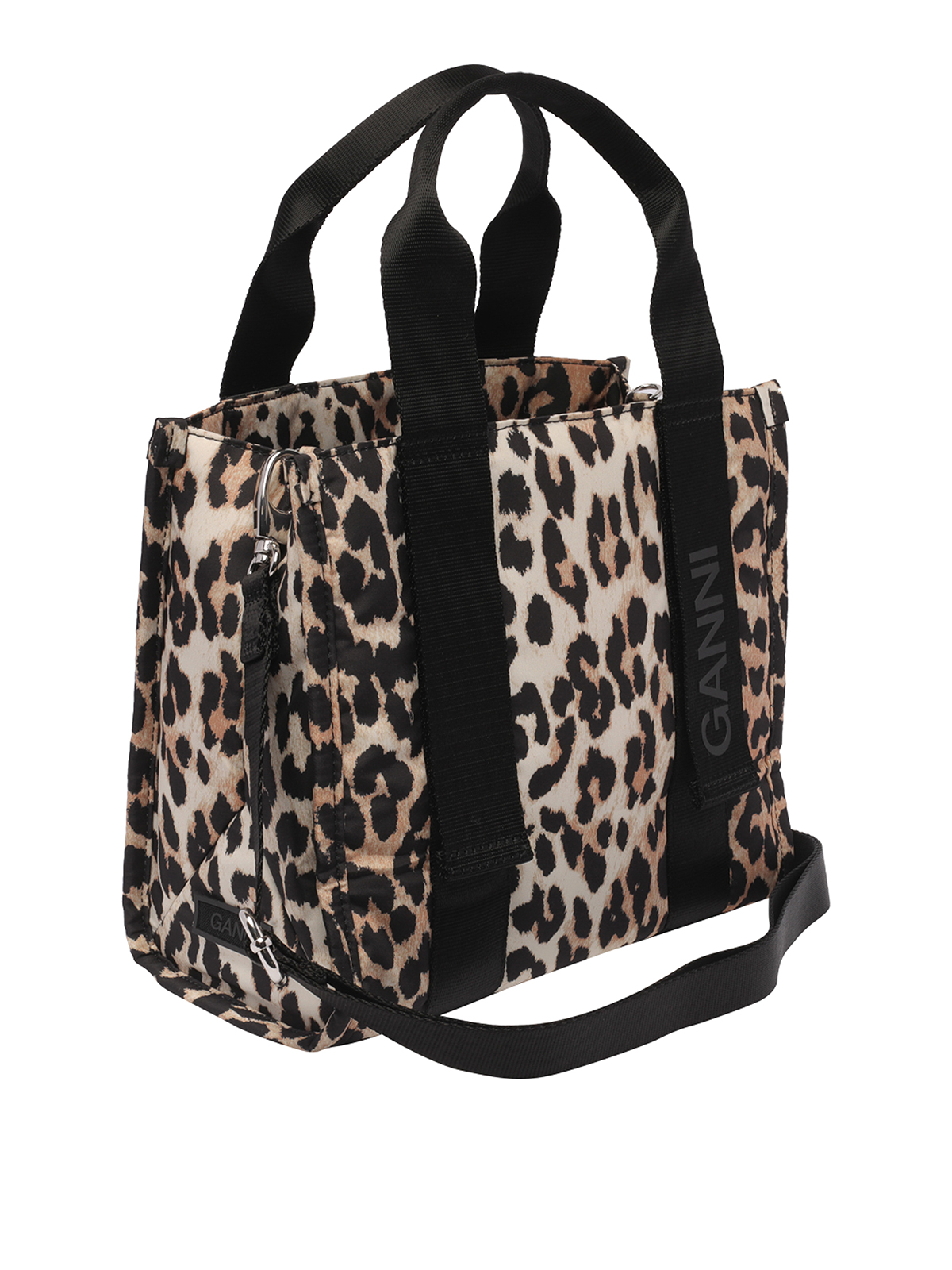 Shop Ganni Recycled Tote Small Tech Leo Print In Beige