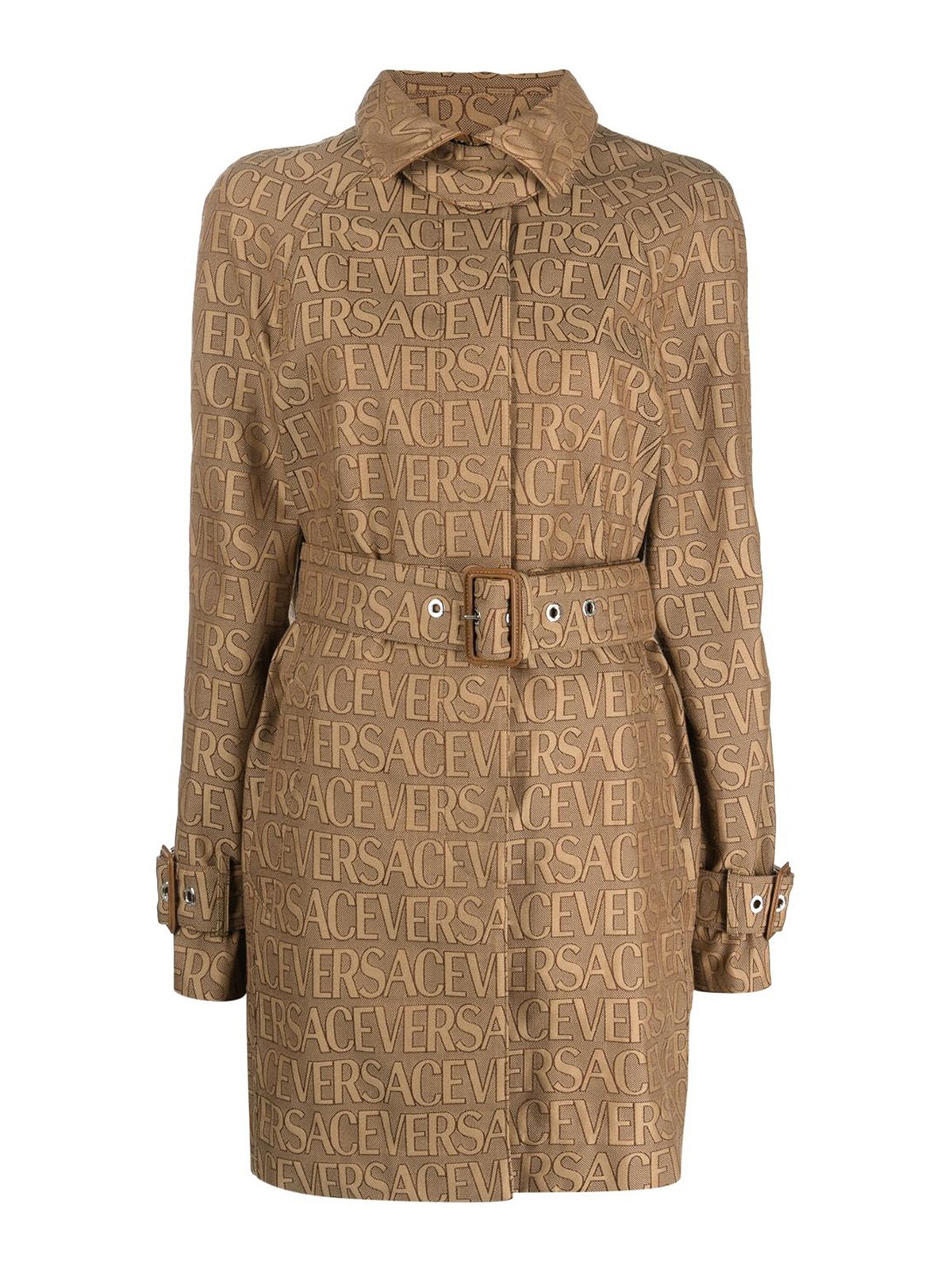 Shop Versace Allover Trench Coat In Brown