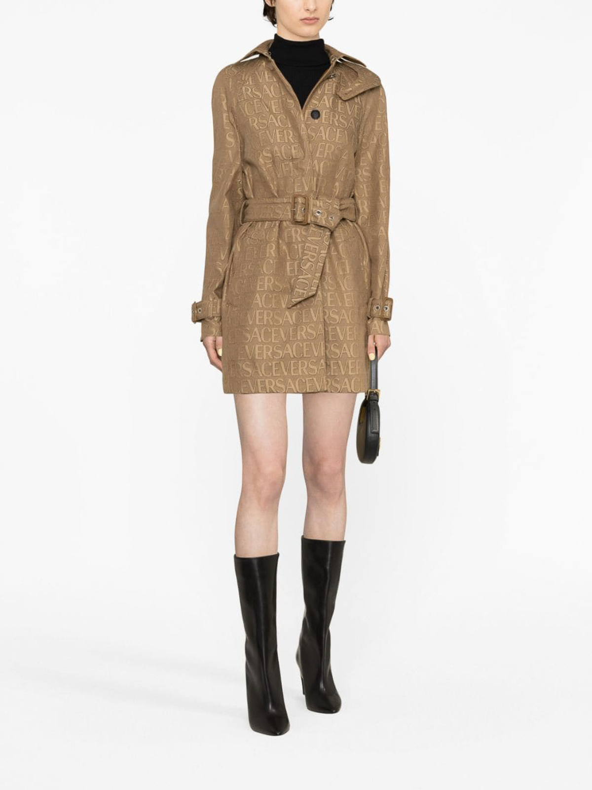 Shop Versace Allover Trench Coat In Brown
