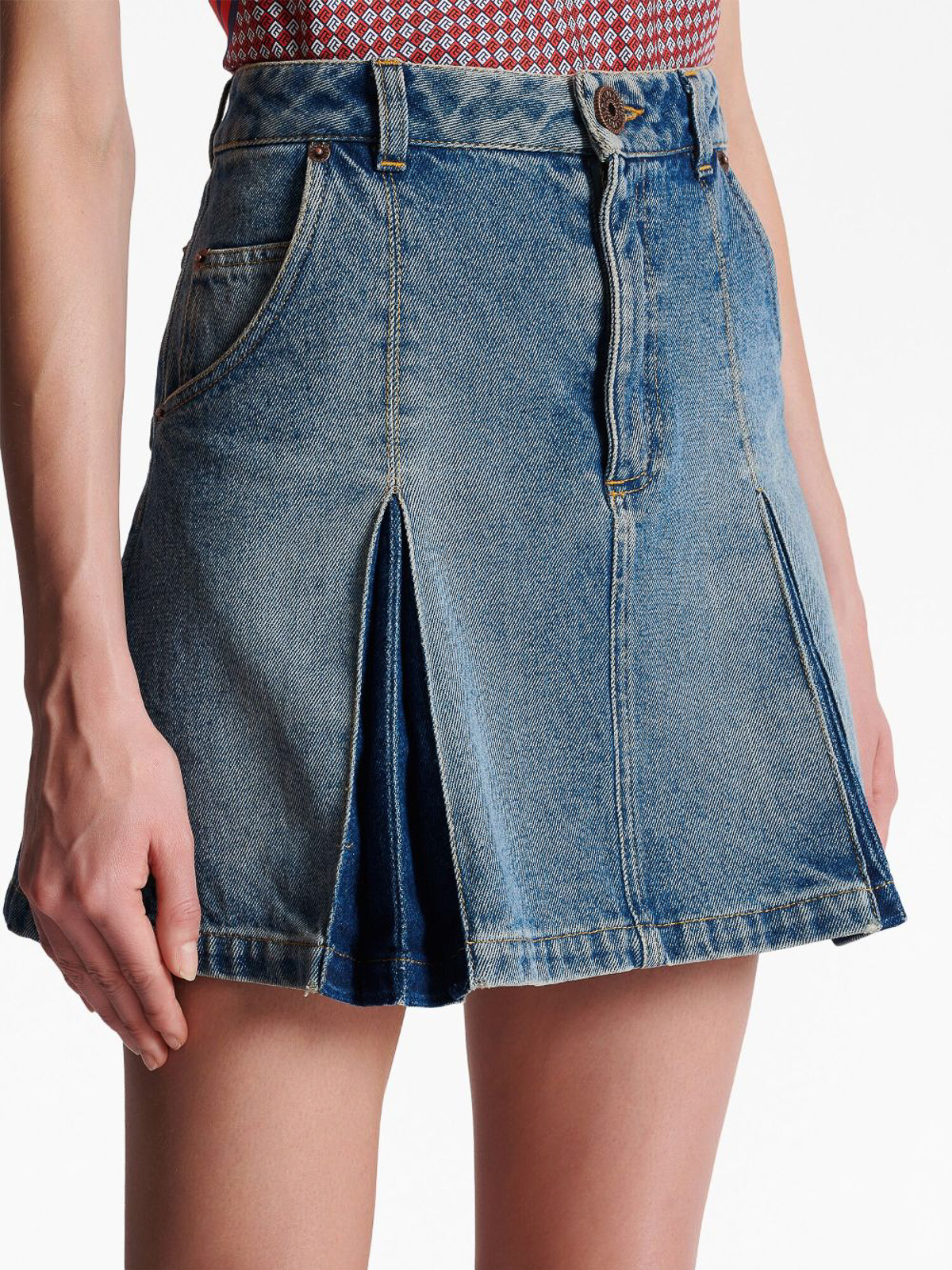 Shop Balmain Blue Pleated Denim Skirt