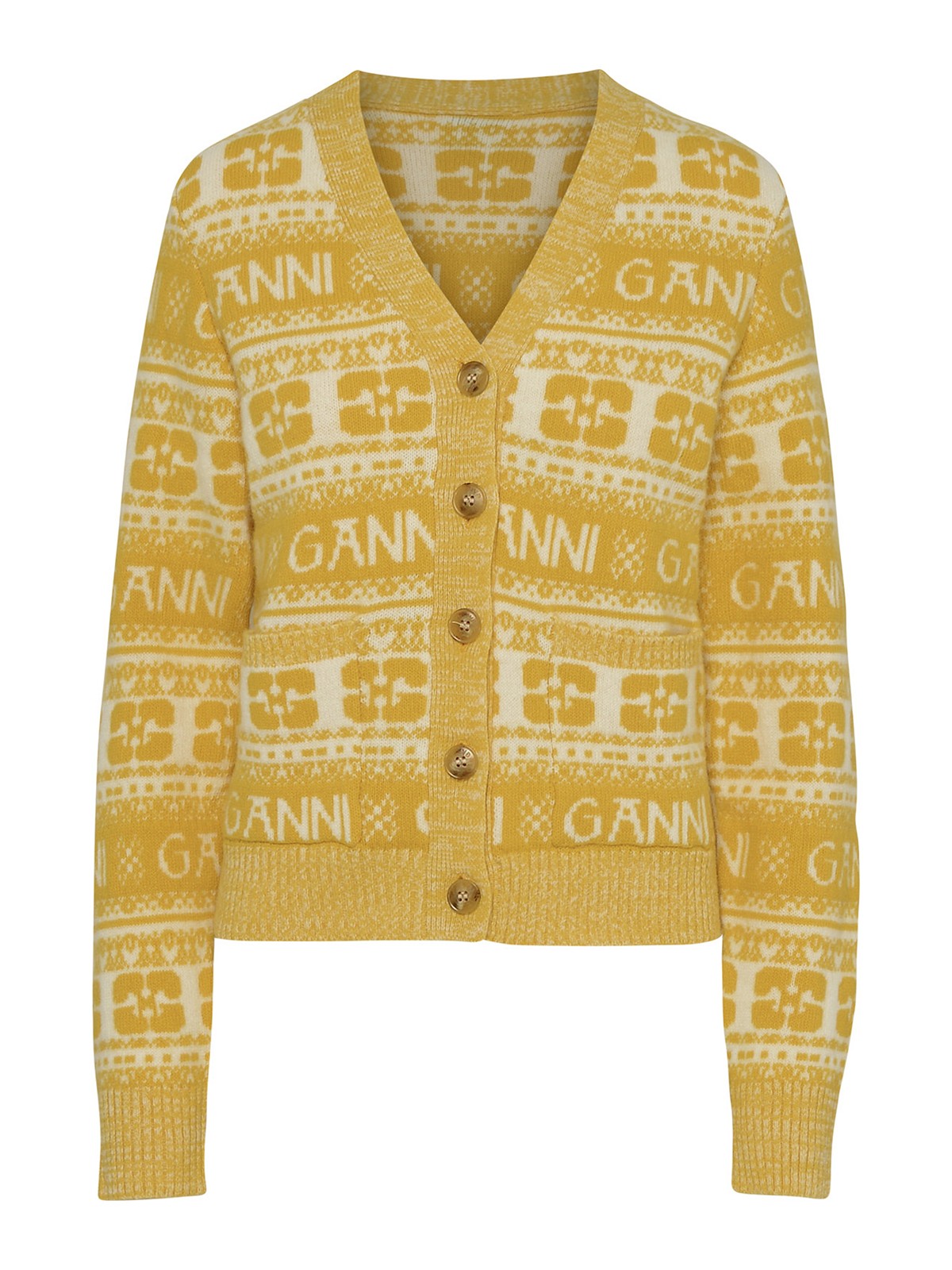 Ganni Wool Cardigan In Yellow