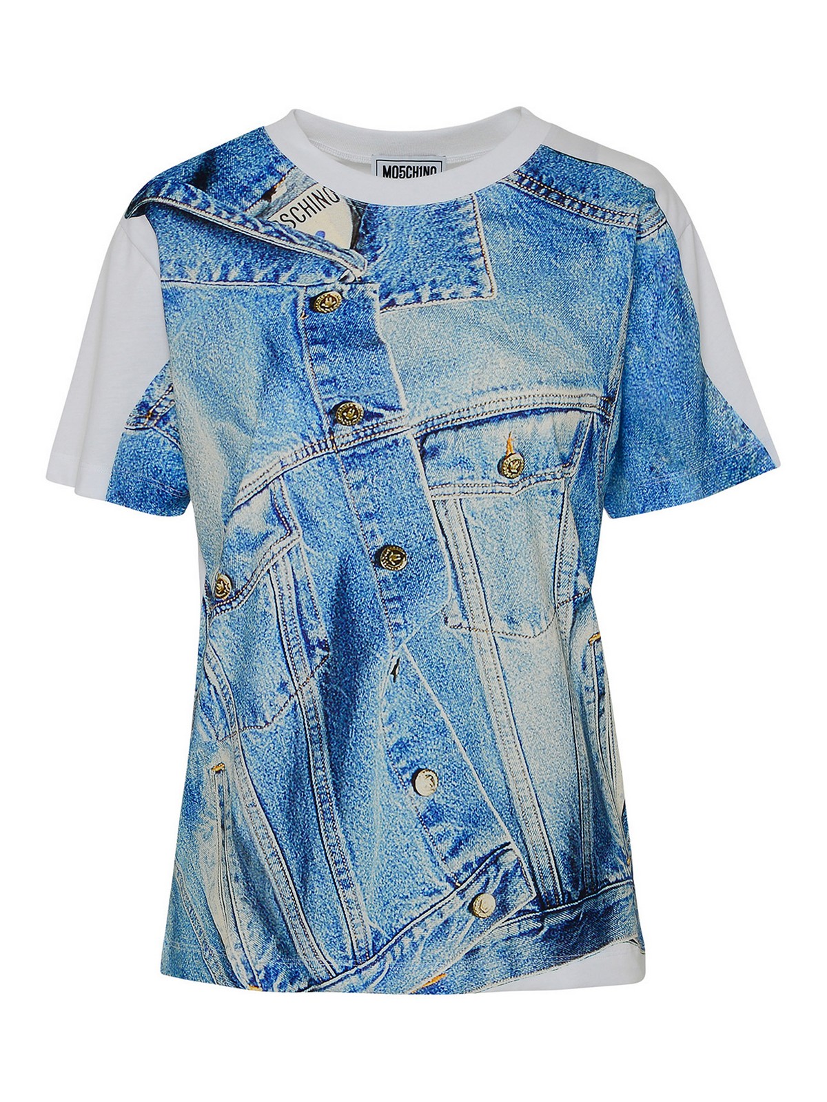 Moschino Denim-print Cotton T-shirt In Light Blue