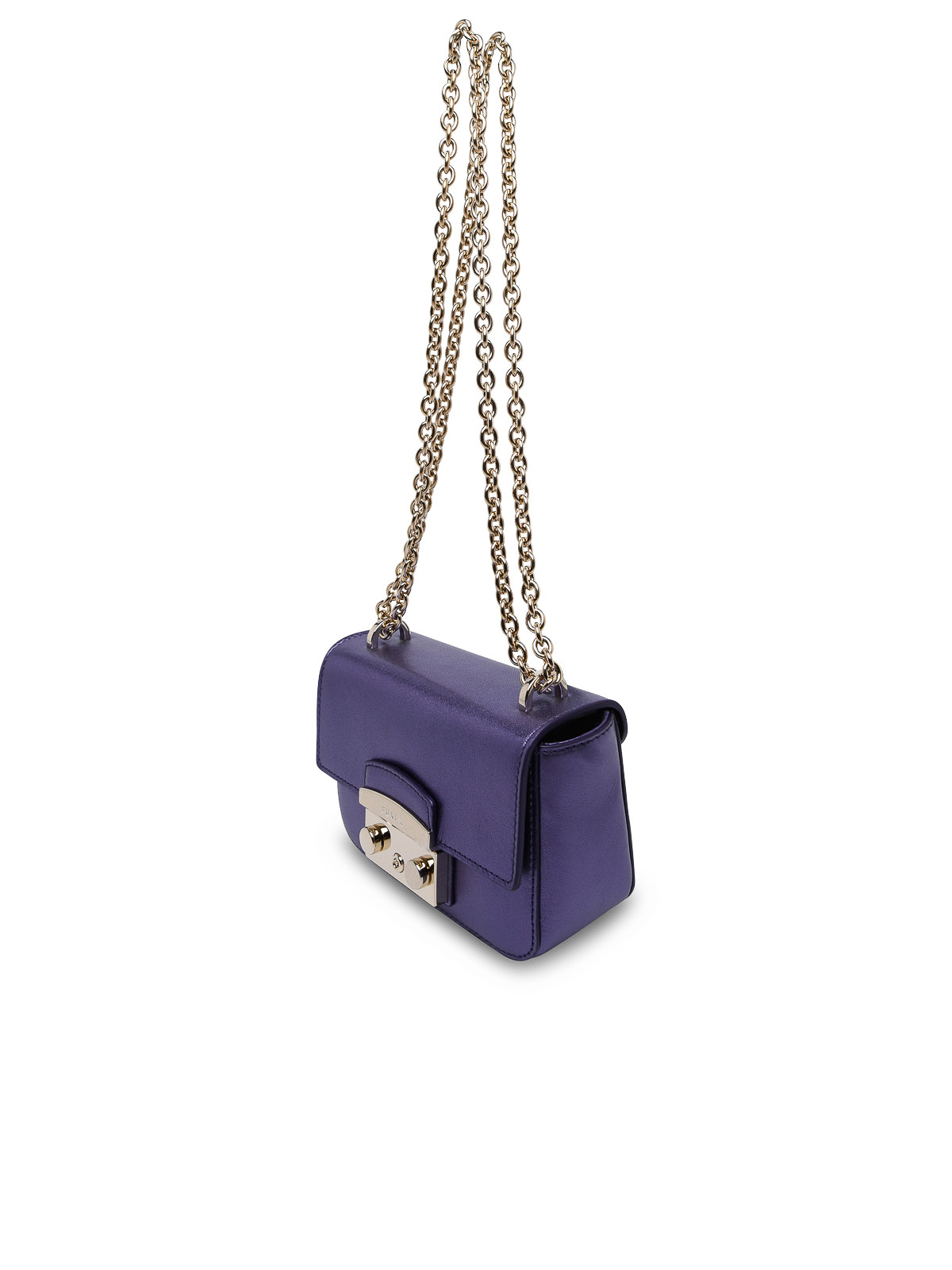 Shop Furla Metropolis Bag In Metallic Leather In Purple
