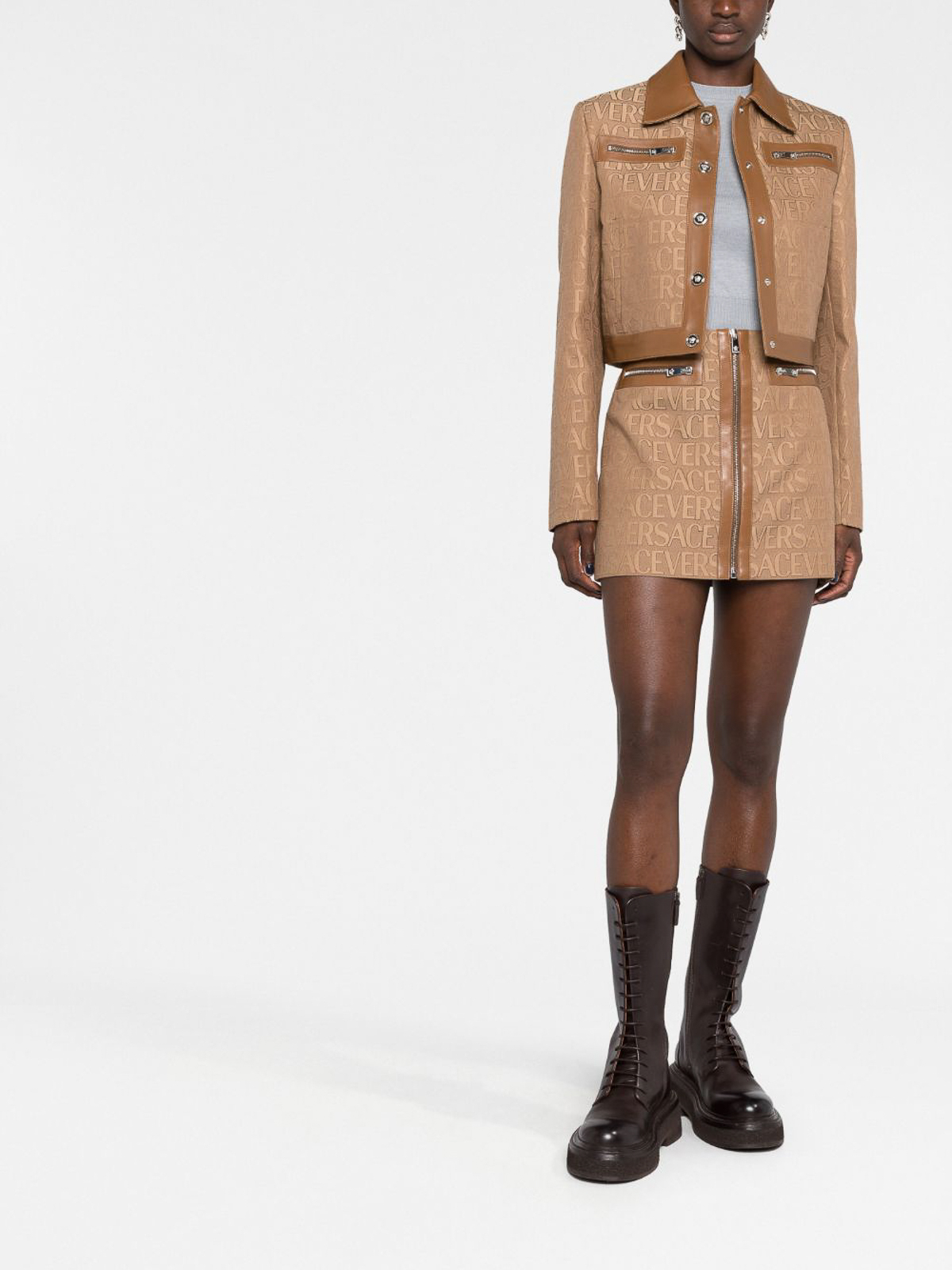 Shop Versace Allover Miniskirt In Beige