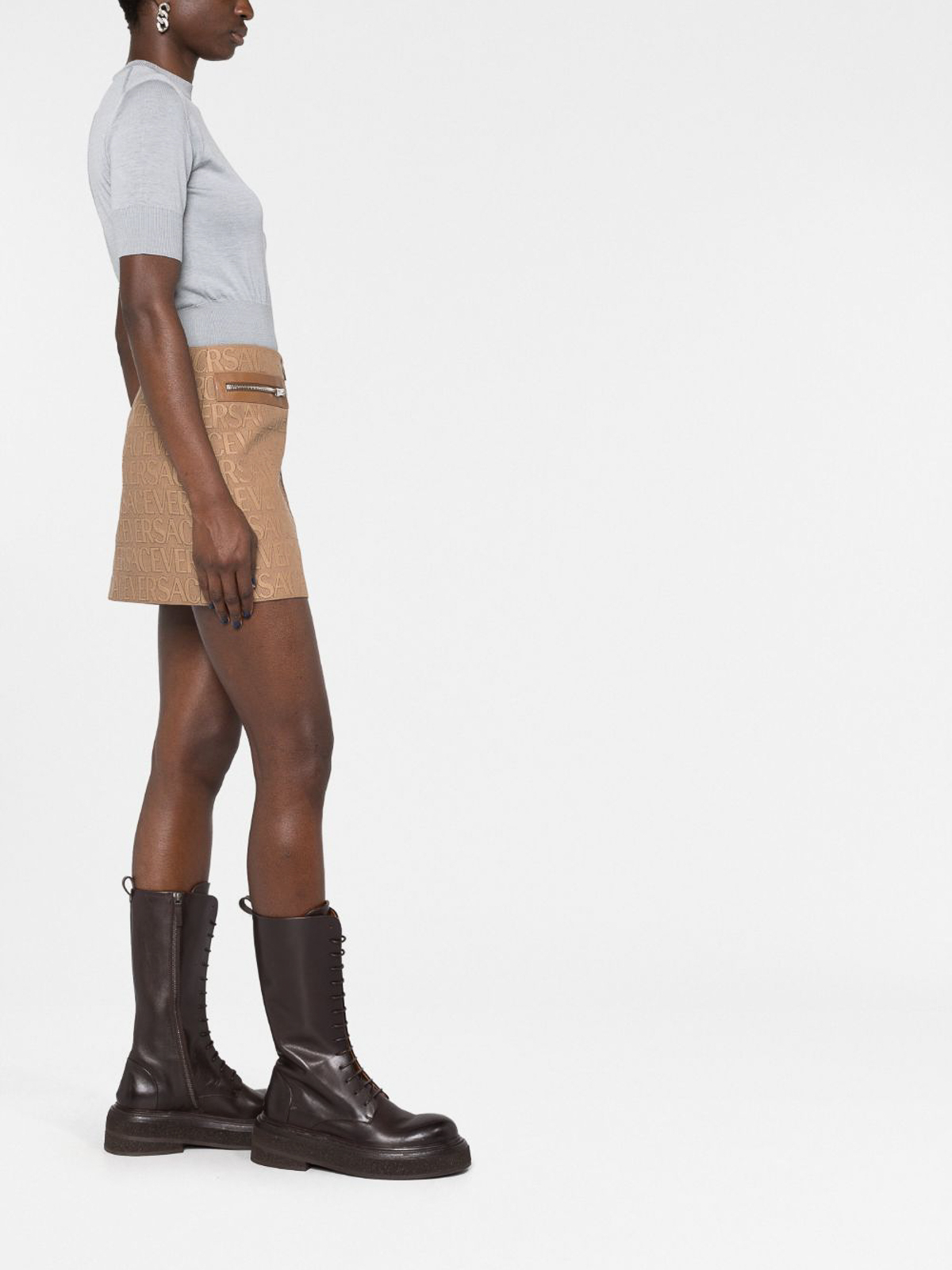 Shop Versace Allover Miniskirt In Beige