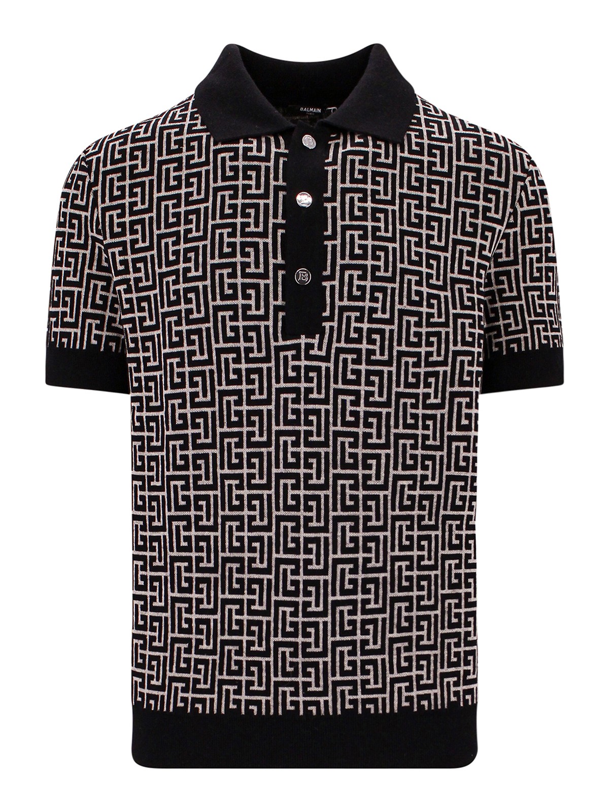 Balmain Wool And Linen Polo Shirt With Monogram Motif In Black
