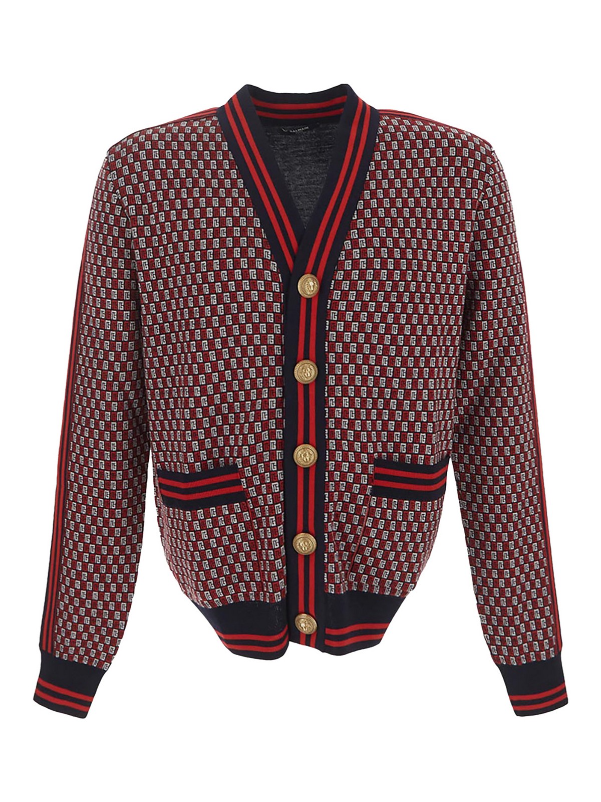 Balmain Monogram-print Checked Wool Cardigan In Blue