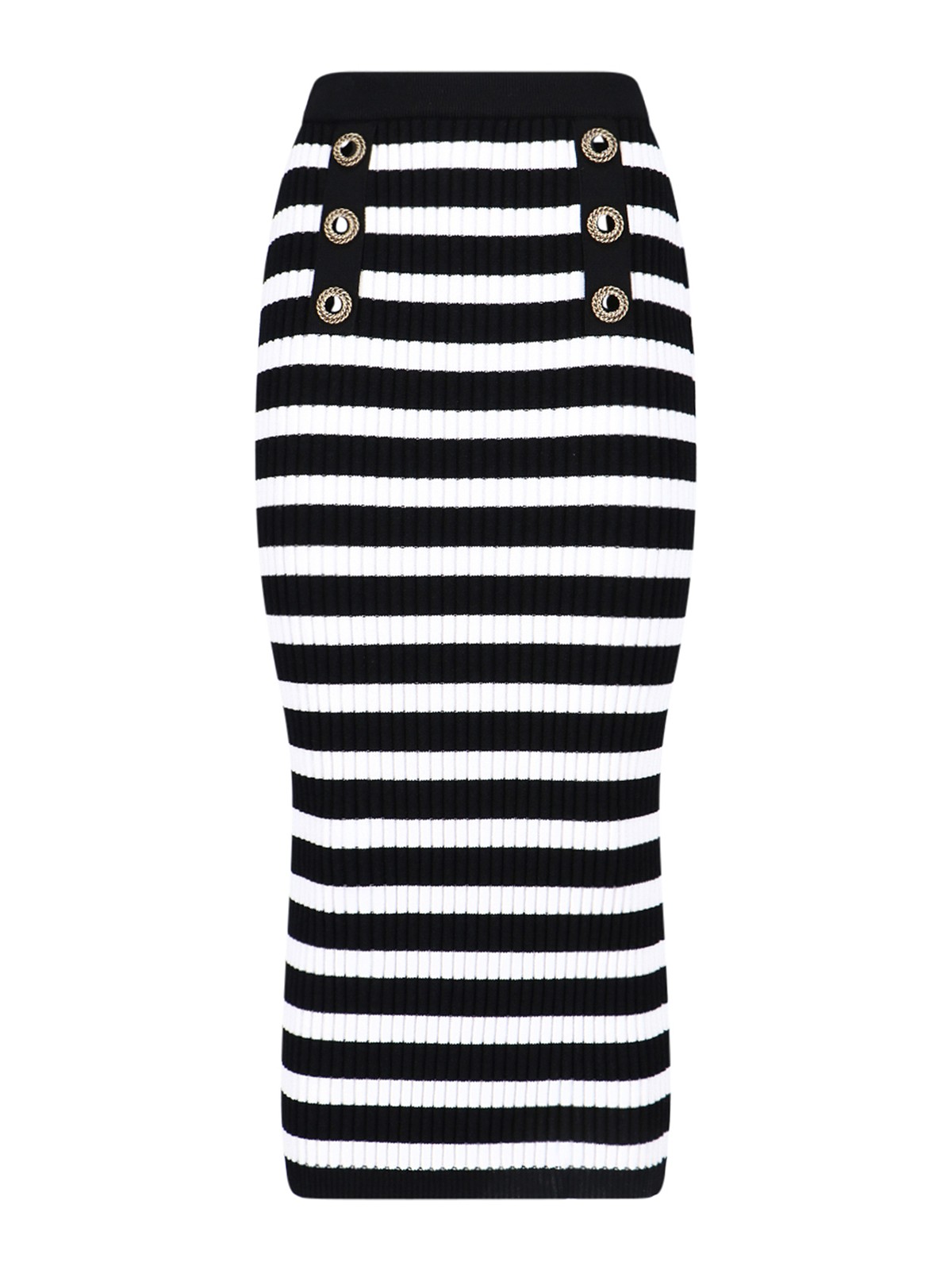 Balmain Stripe Button Detail Cotton Knit Skirt In Black