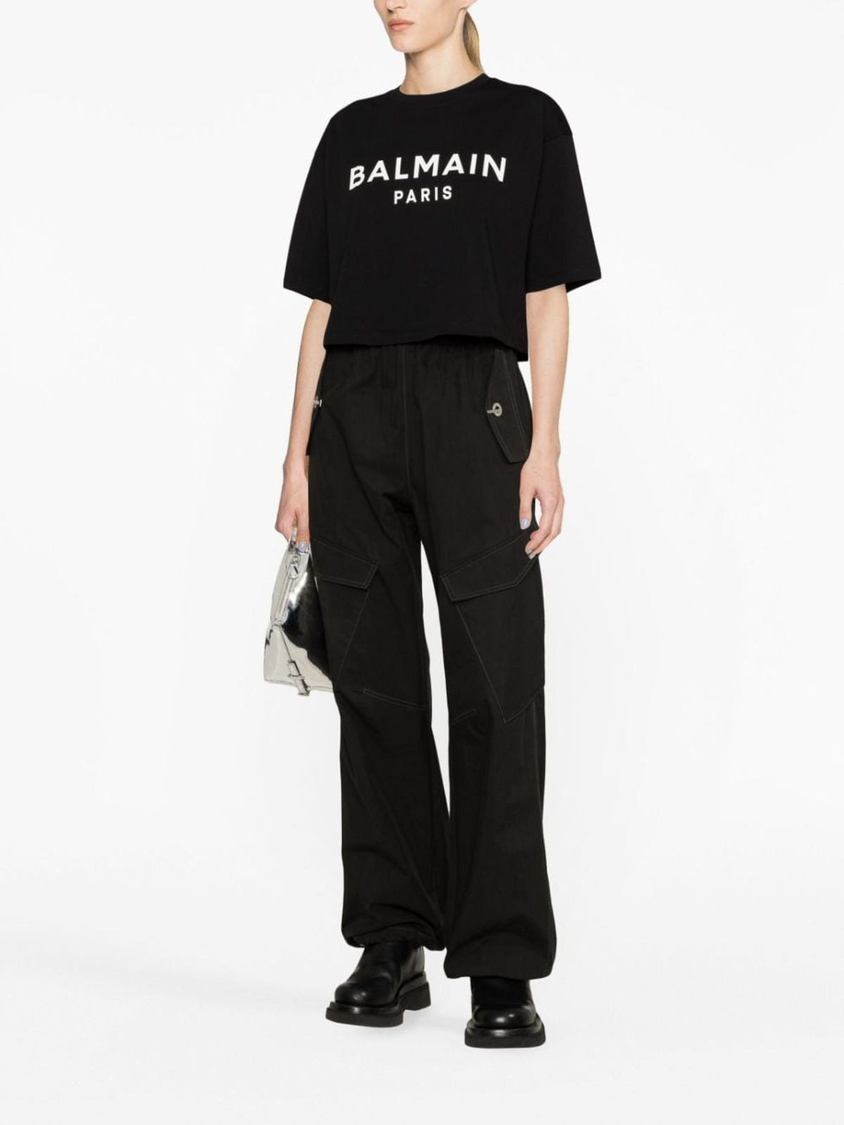 Shop Balmain Logo Cropped Cotton T-shirt In Black
