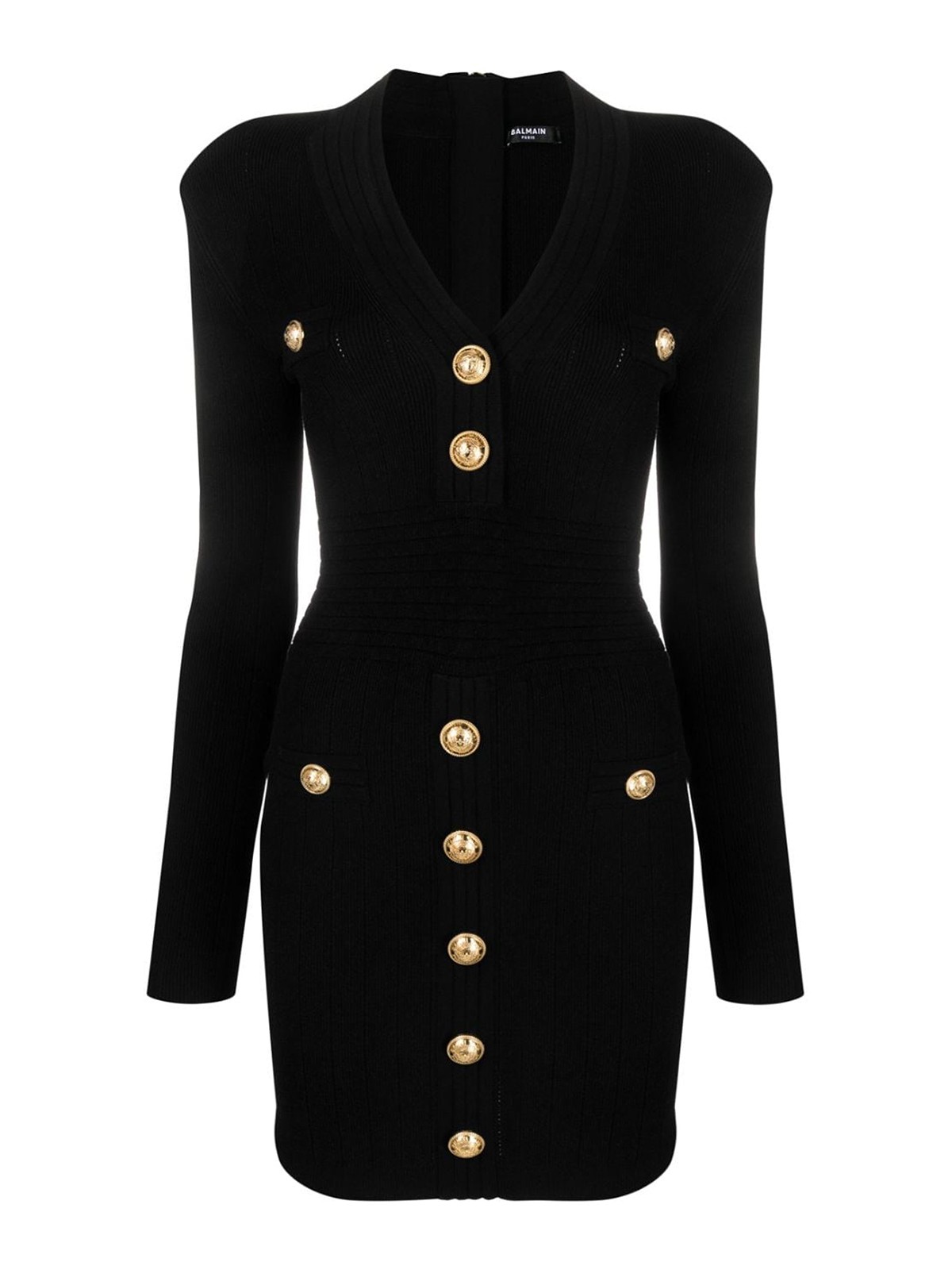 Shop Balmain V-neck Buttoned Knit Mini Dress In Black