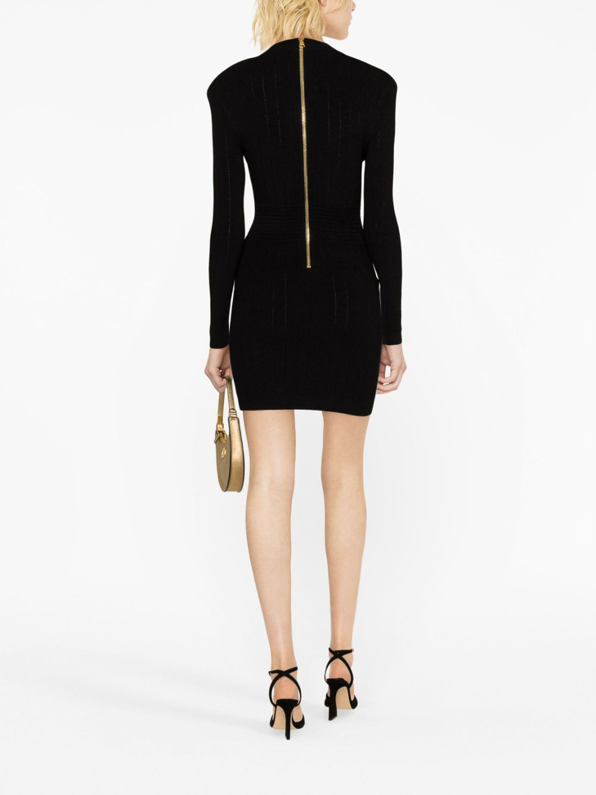 Shop Balmain V-neck Buttoned Knit Mini Dress In Black