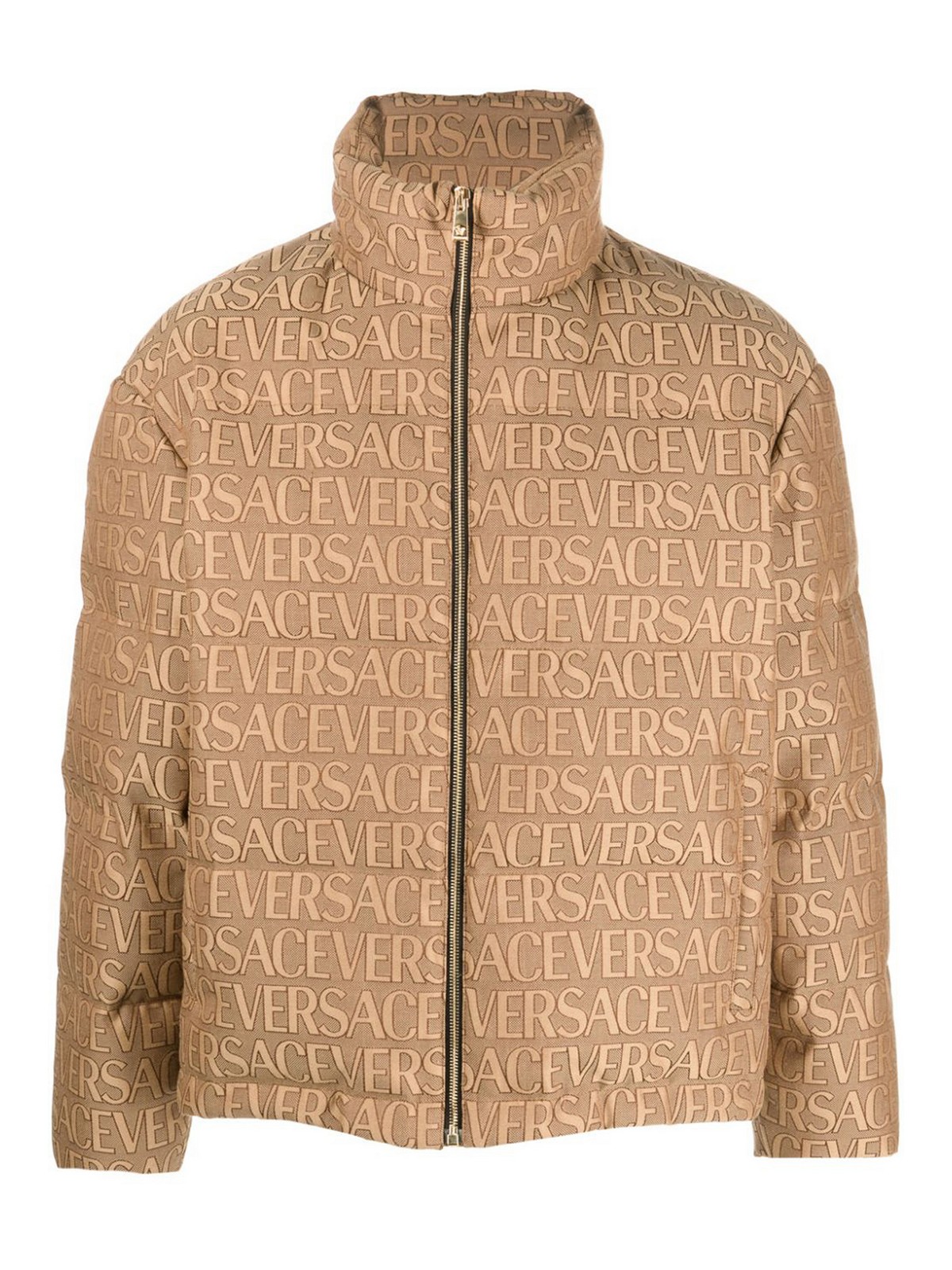Shop Versace Logo All Over Down Jacket In Brown