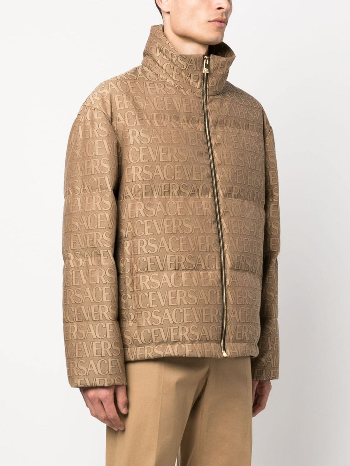 Shop Versace Logo All Over Down Jacket In Brown