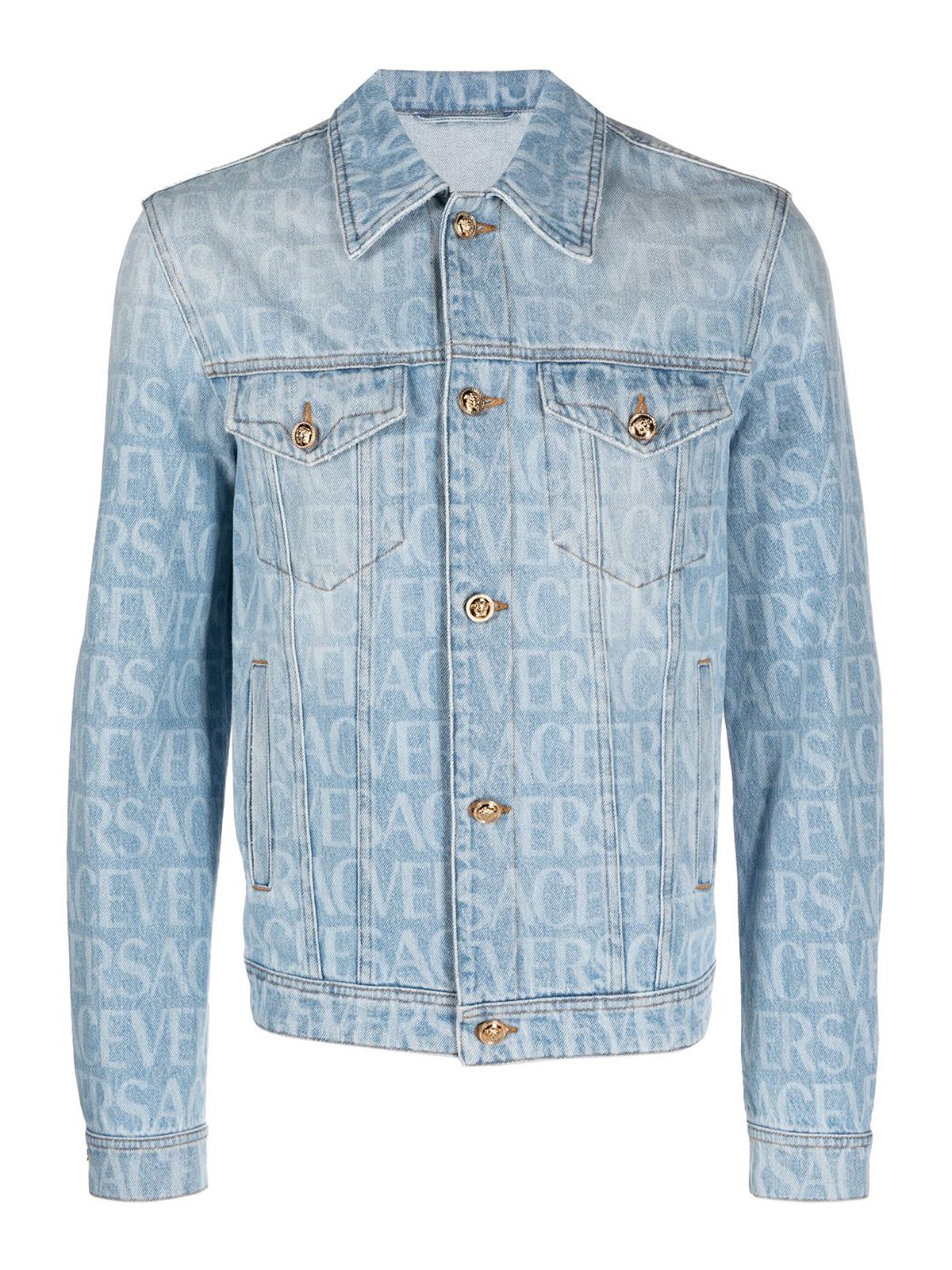 Shop Versace Logo All Over Denim Jacket In Blue