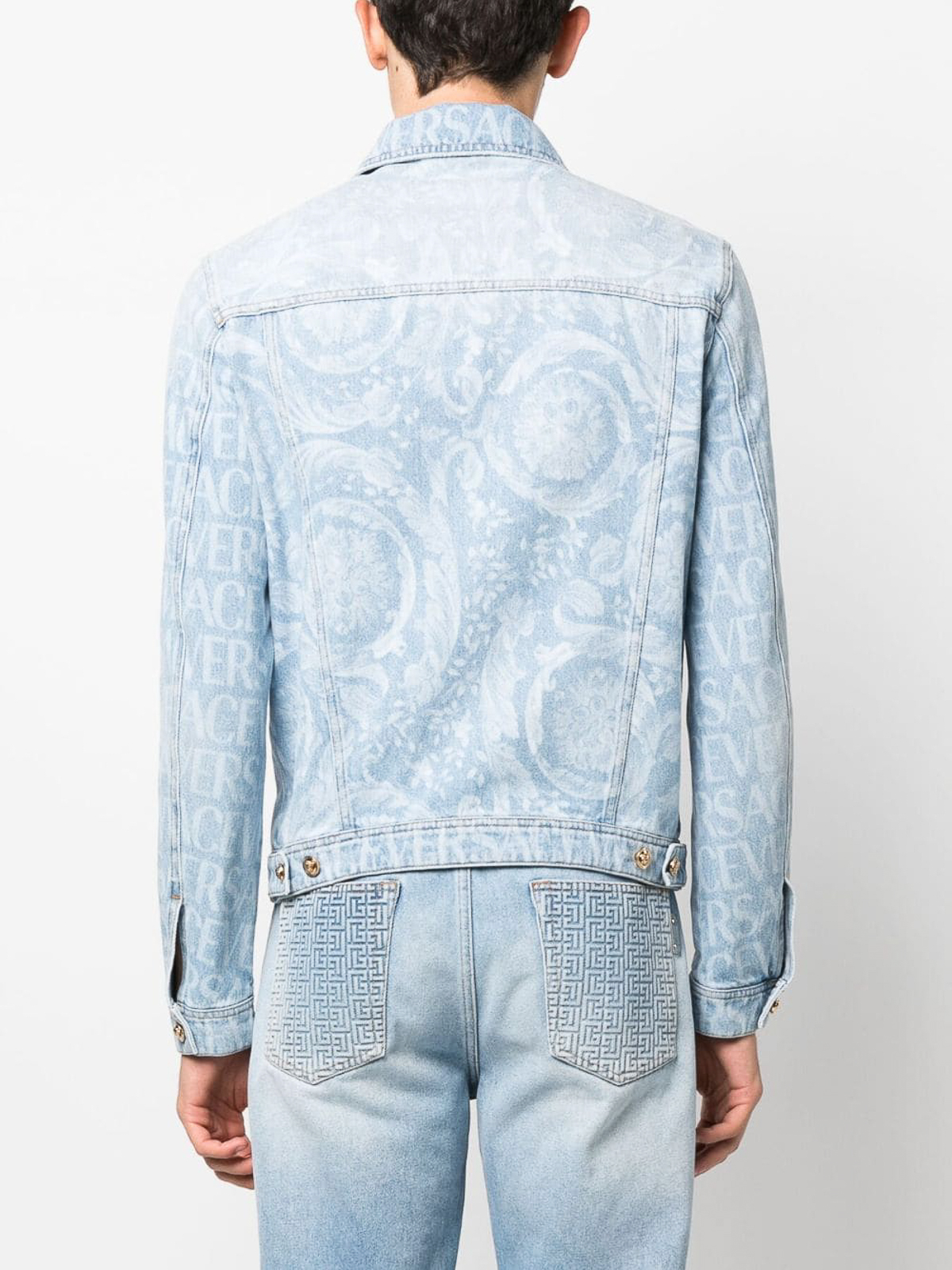 Shop Versace Logo All Over Denim Jacket In Blue