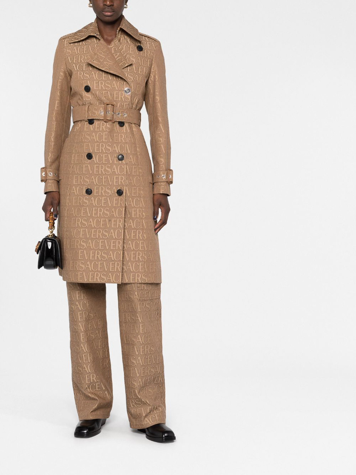 Shop Versace All Over Logo Trench Coat In Beis