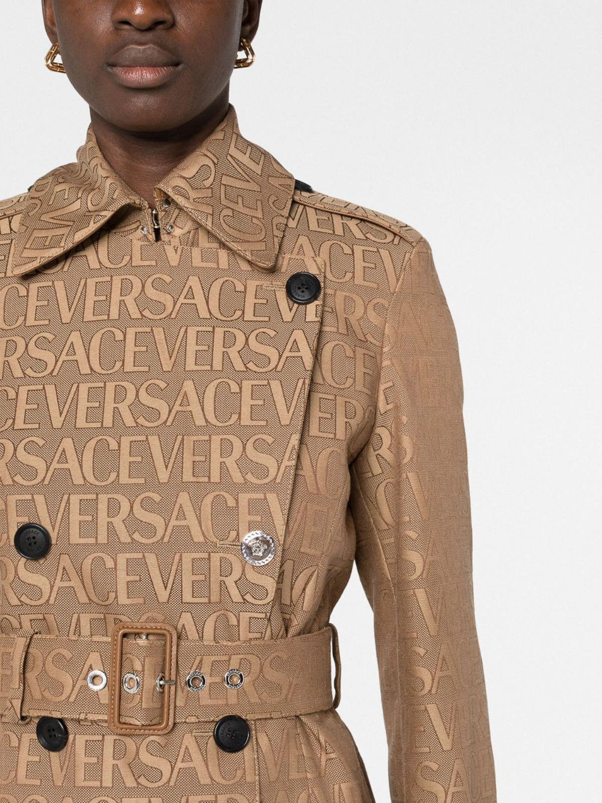 Shop Versace All Over Logo Trench Coat In Beis