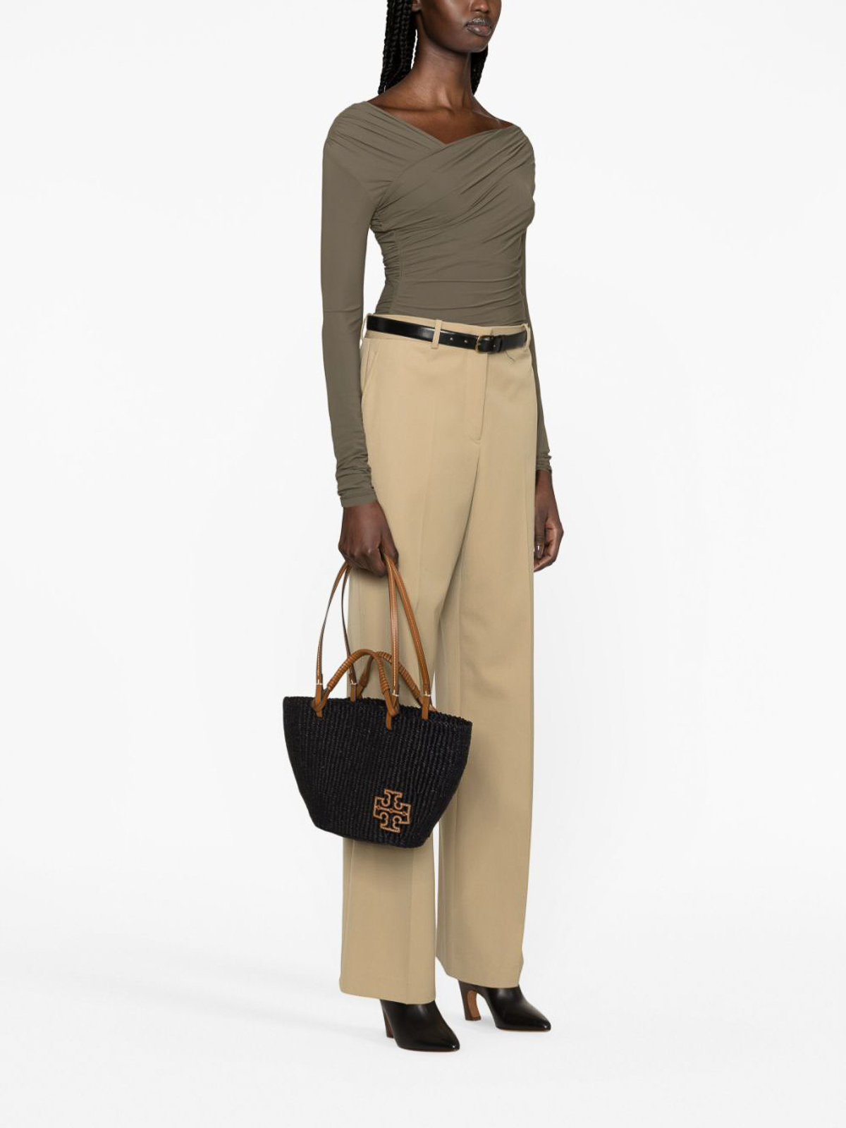 Shop Tory Burch Eleanor Small Straw Basket Tote In Black
