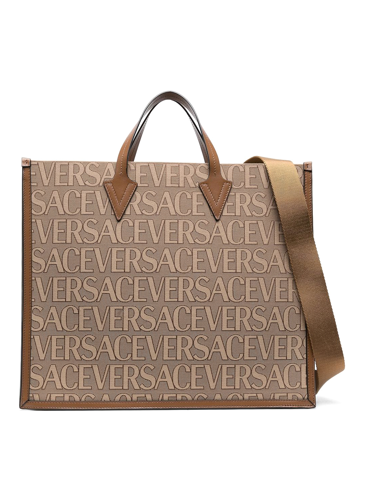Versace All Over Logo Large Tote Bag In Beige