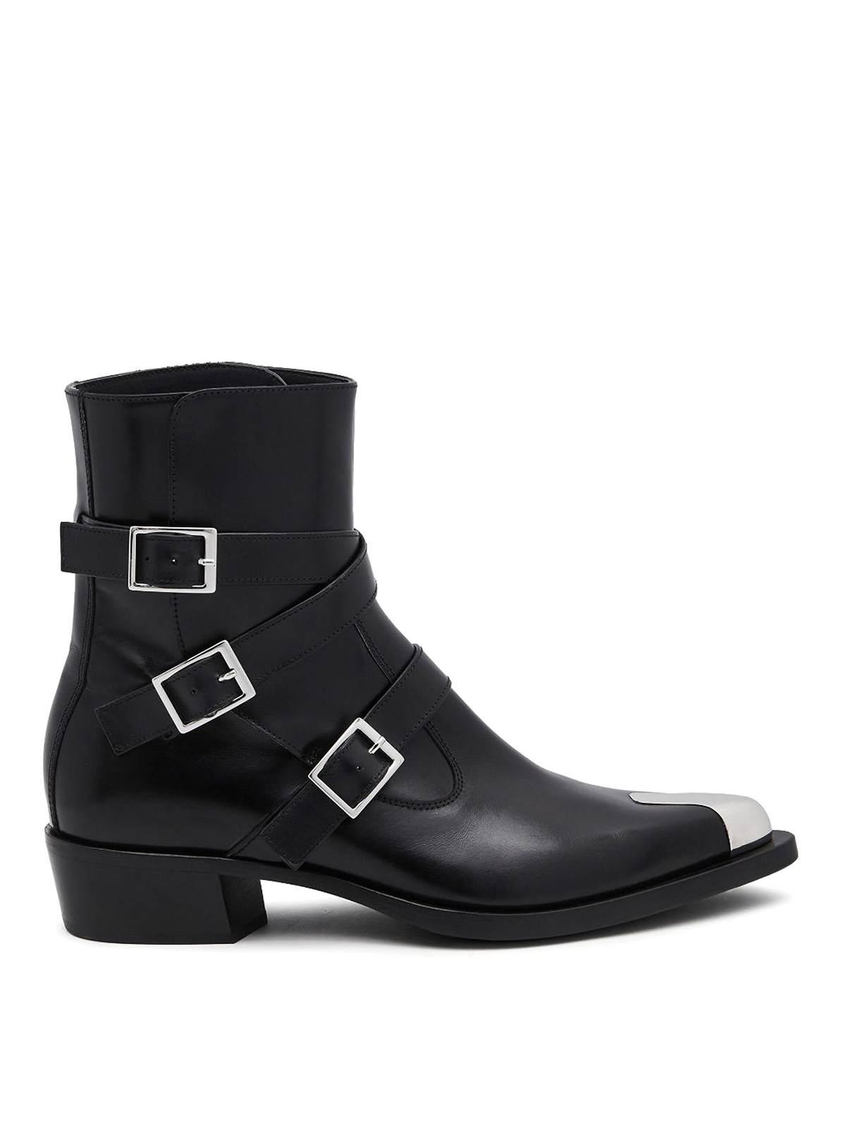 Shop Alexander Mcqueen Buckled Leather Ankle Boots In Black