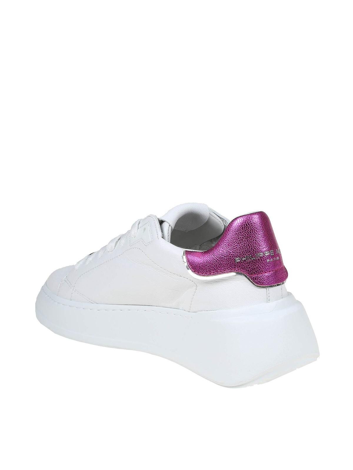 Shop Philippe Model Tres Temple Low In White And Fuchsia Leather In Blanco