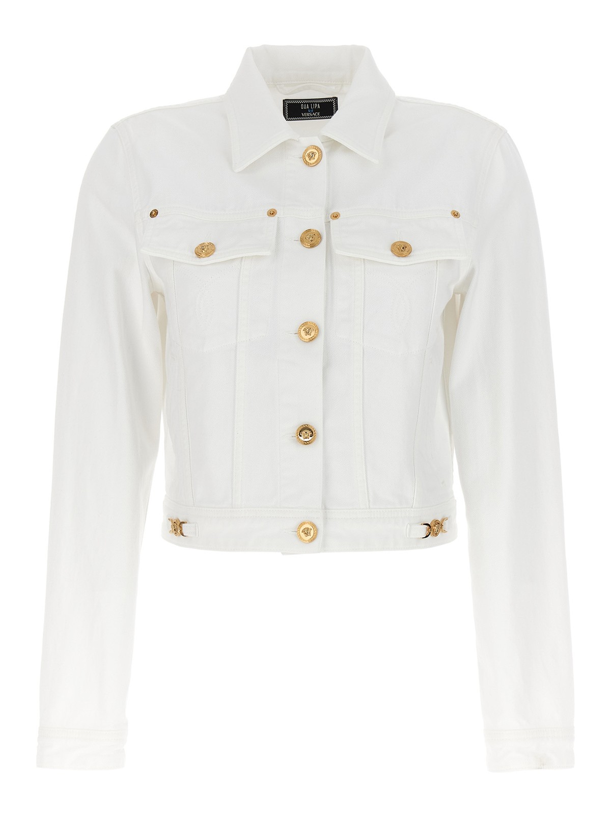 White denim jacket with gold clearance buttons