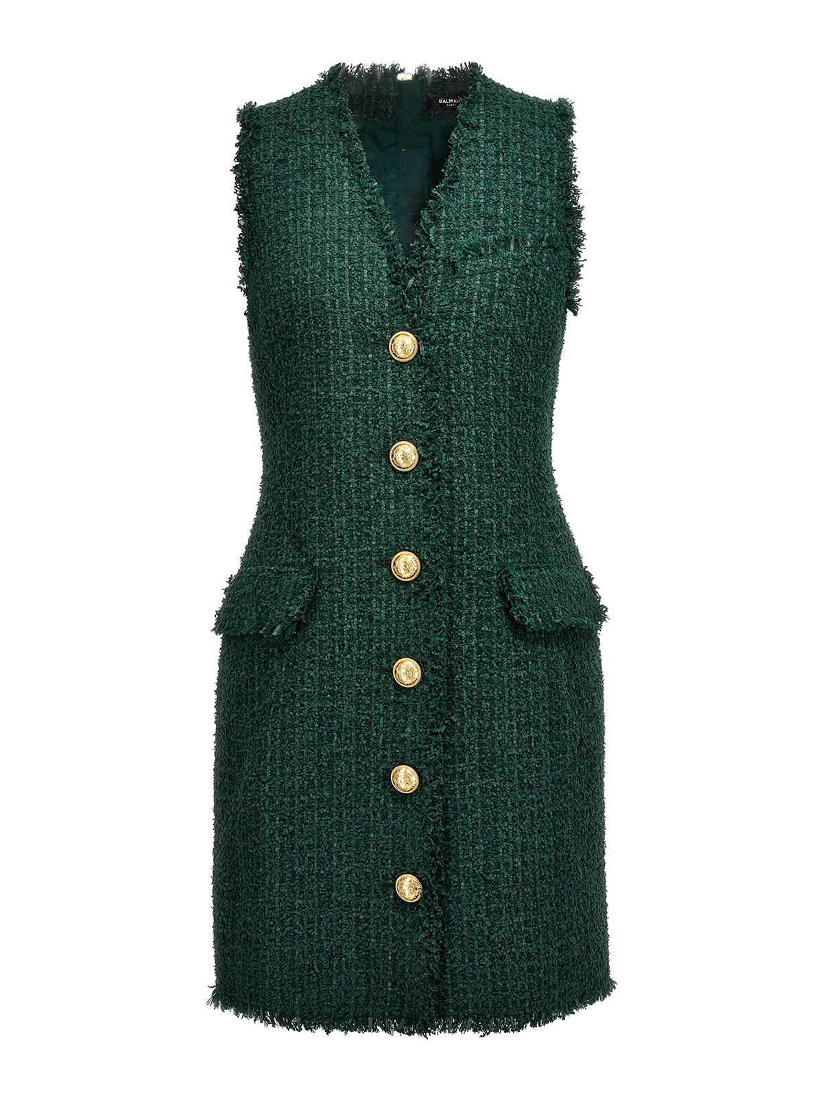 Balmain Button-embellished Tweed Mini Dress In Green