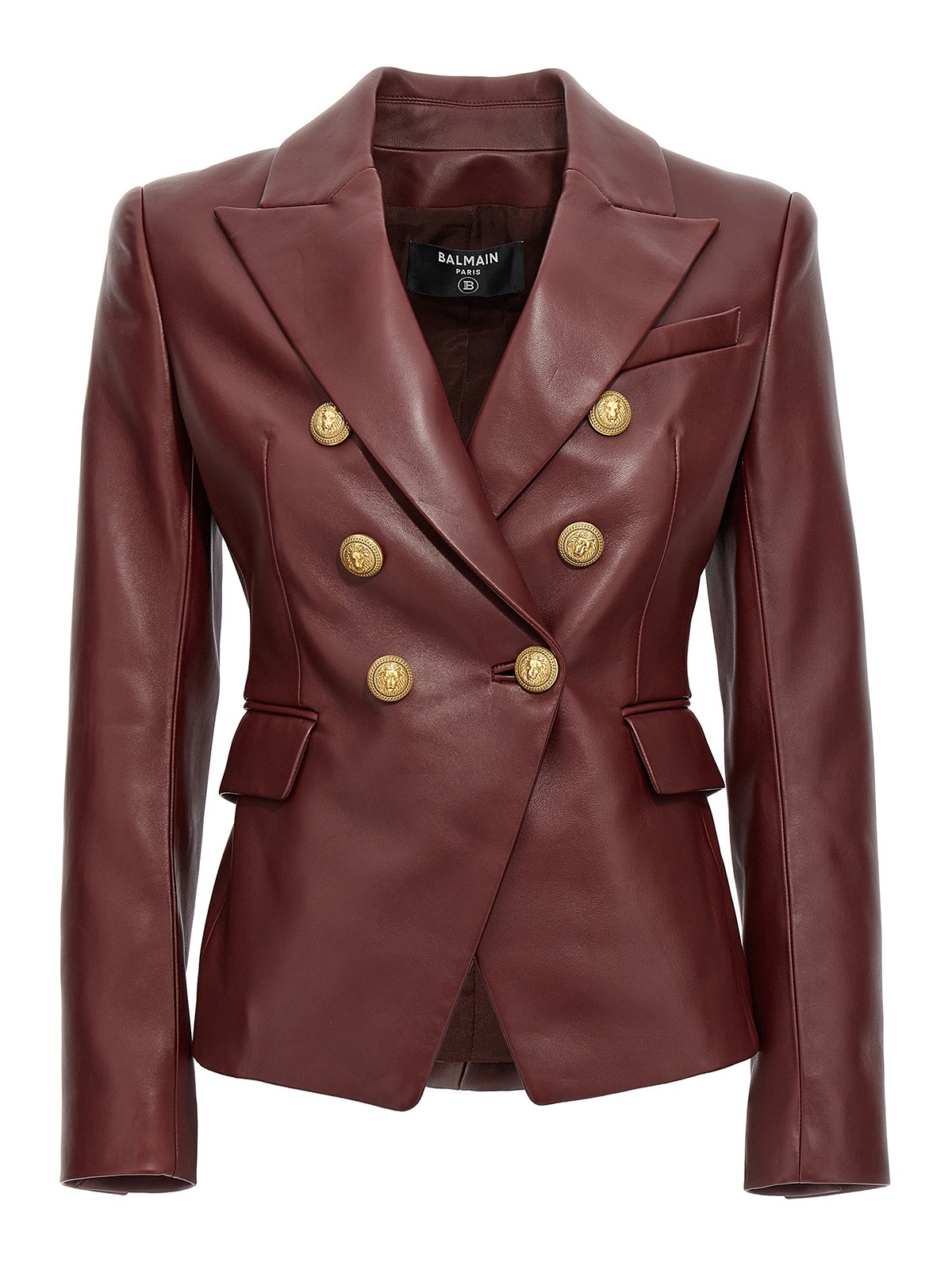Balmain Double-breasted Leather Blazer In Dark Red
