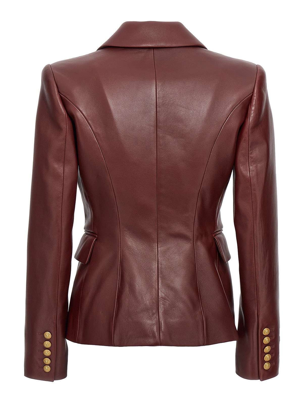 Shop Balmain Double-breasted Leather Blazer In Dark Red