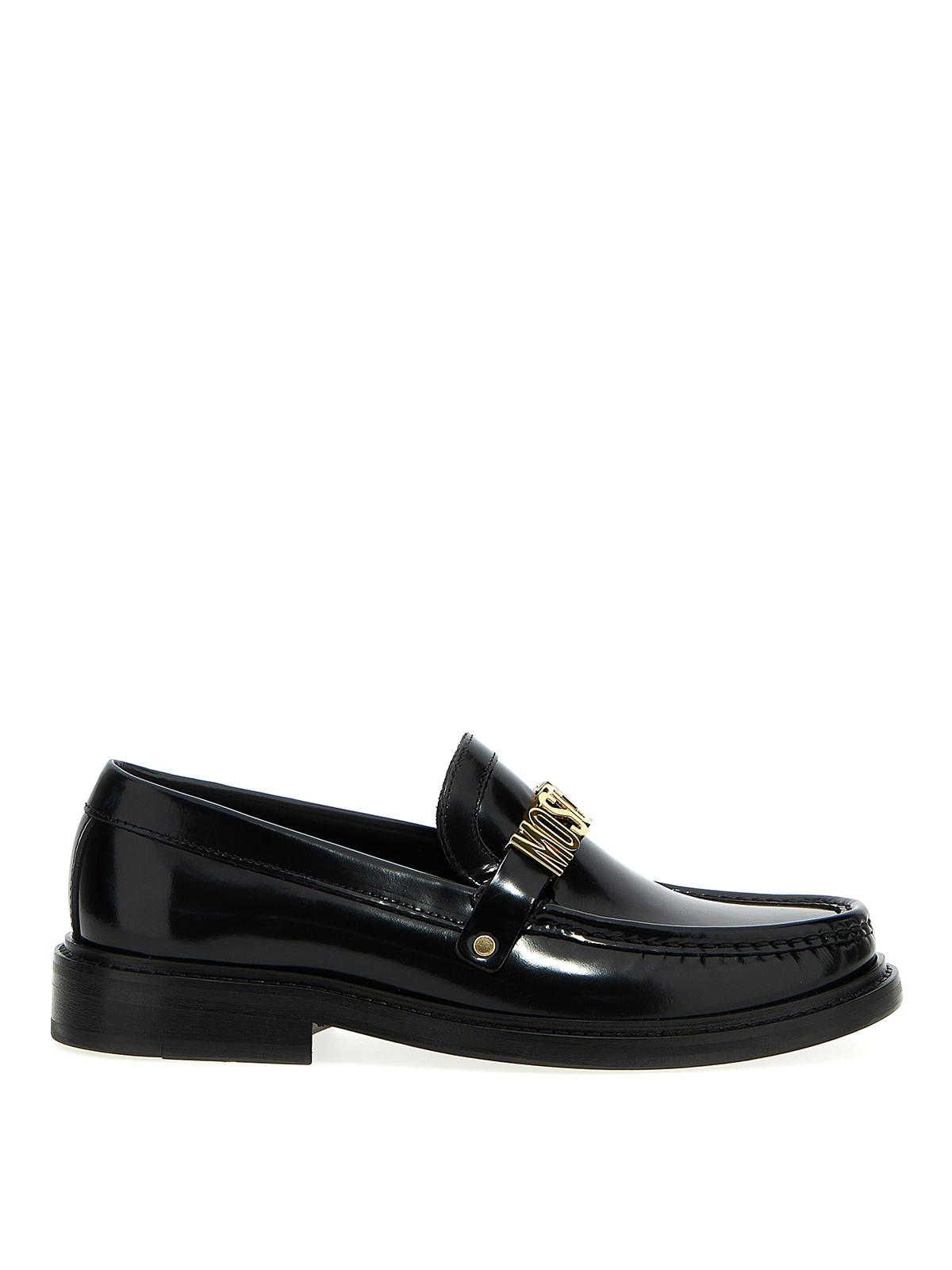 Moschino Metal Logo Leather Loafers In Black,gold