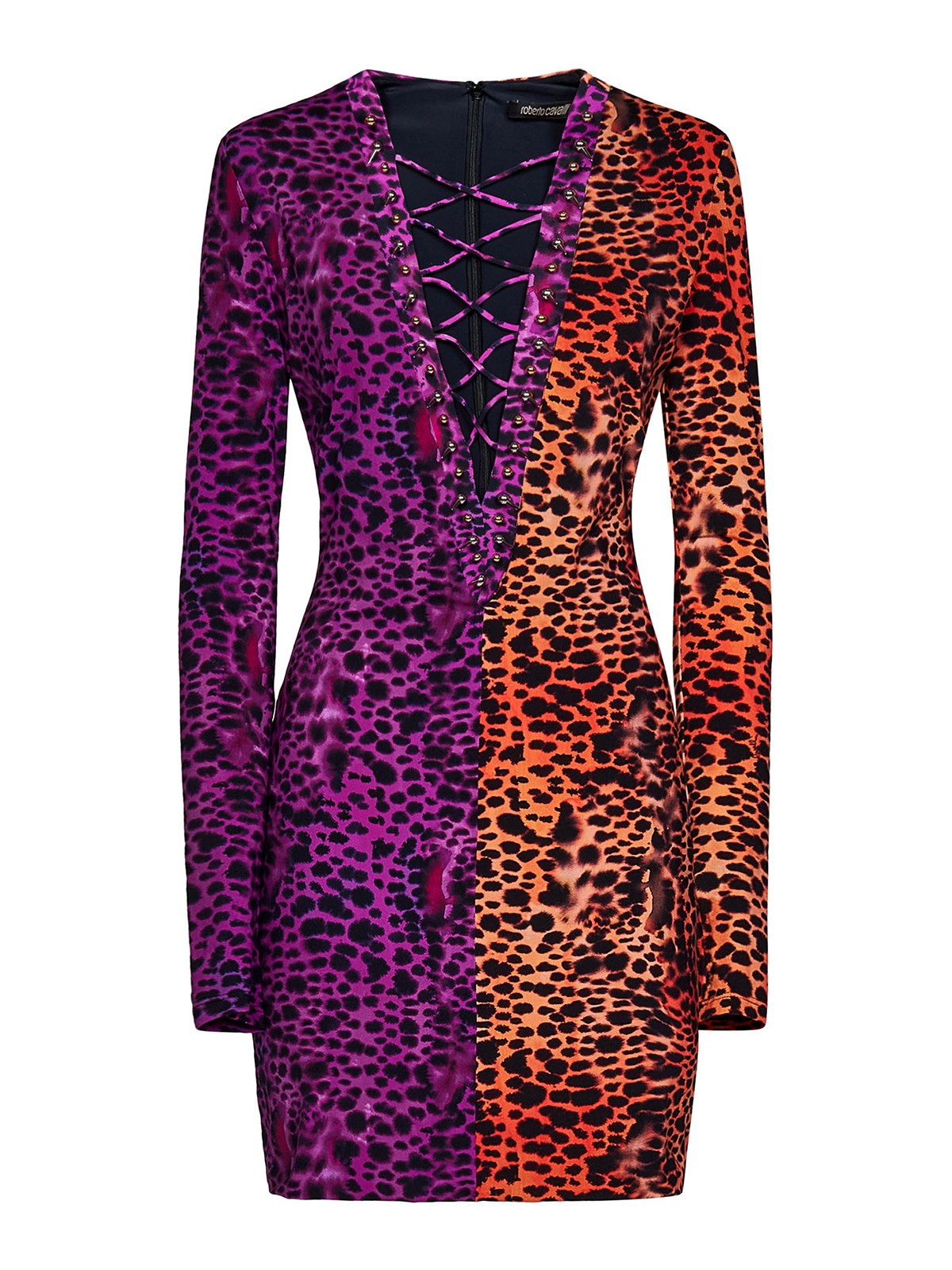 Roberto Cavalli Jersey Printed Lace-up V Neck Mini Dress In Multicolour