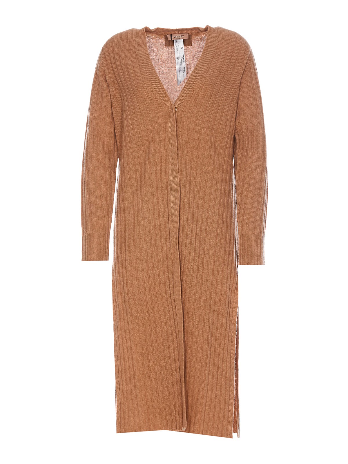 Twinset Longline Ribbed Cardigan In Brown